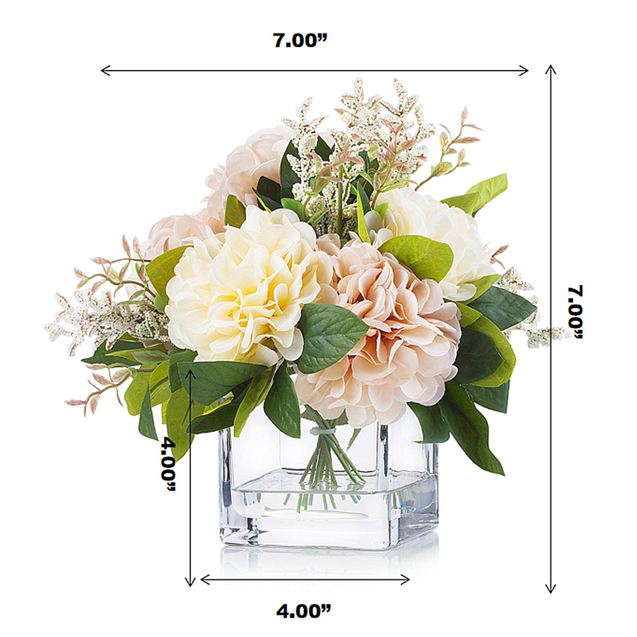 Enova Floral Cream Beige Realistic Dahlia in Glass Vase Decorative Arrangement | High-Quality Silk Flowers | Faux Water Design | ~11-inch Tabletop Accent detail image 6