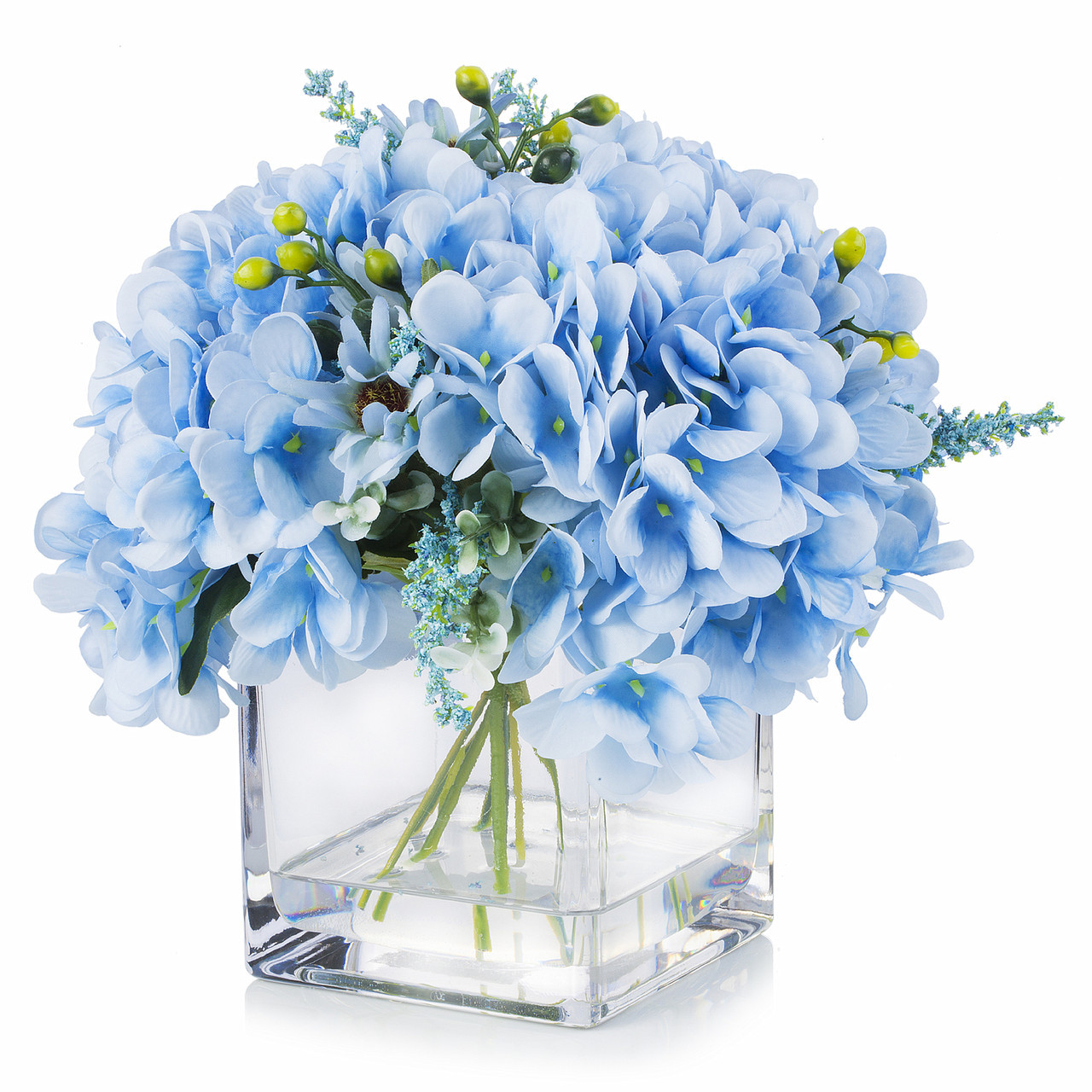Enova Floral Mixed Silk Artificial Hydrangeas in Square Glass Vase | High-Quality Silk Flowers | Faux Water Design | ~8 inch Tabletop Arrangement detail image 2