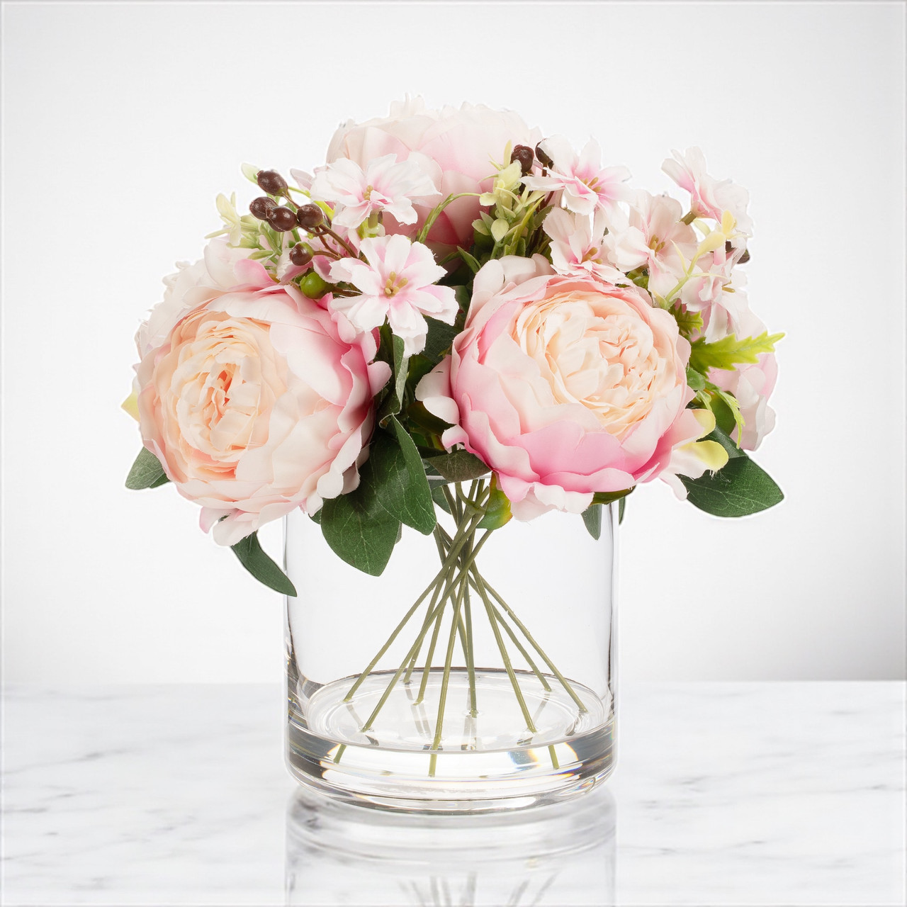 Enova Floral 7-Head Mixed Color Artificial Peony Arrangement in Glass Vase|Handmade Silk Flowers|Faux Water Design|Approx. 10-inch Tabletop Decoration detail image 10
