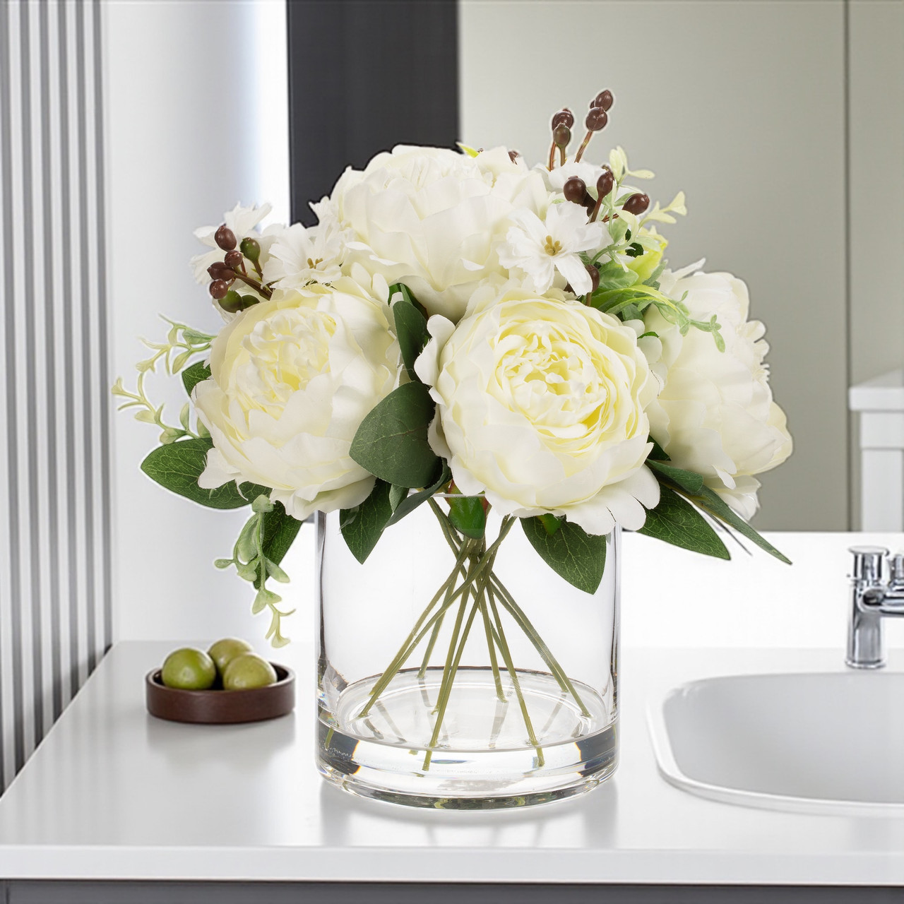 Enova Floral 7-Head Mixed Color Artificial Peony Arrangement in Glass Vase|Handmade Silk Flowers|Faux Water Design|Approx. 10-inch Tabletop Decoration detail image 2