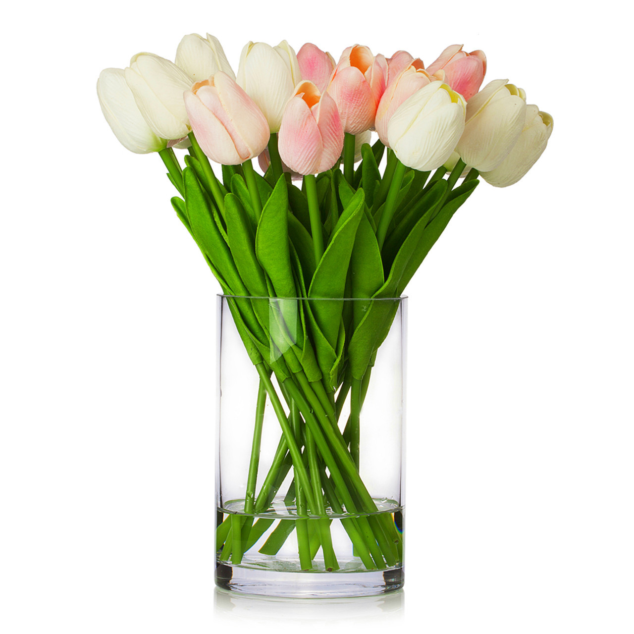 Enova Floral 20pcs Real Touch Artificial Tulips with Clear Glass Vase | High-Quality Real Touch Material | Realistic Water Effect | ~12in Table Decoration | Ideal for Home, Wedding & Party detail image 2