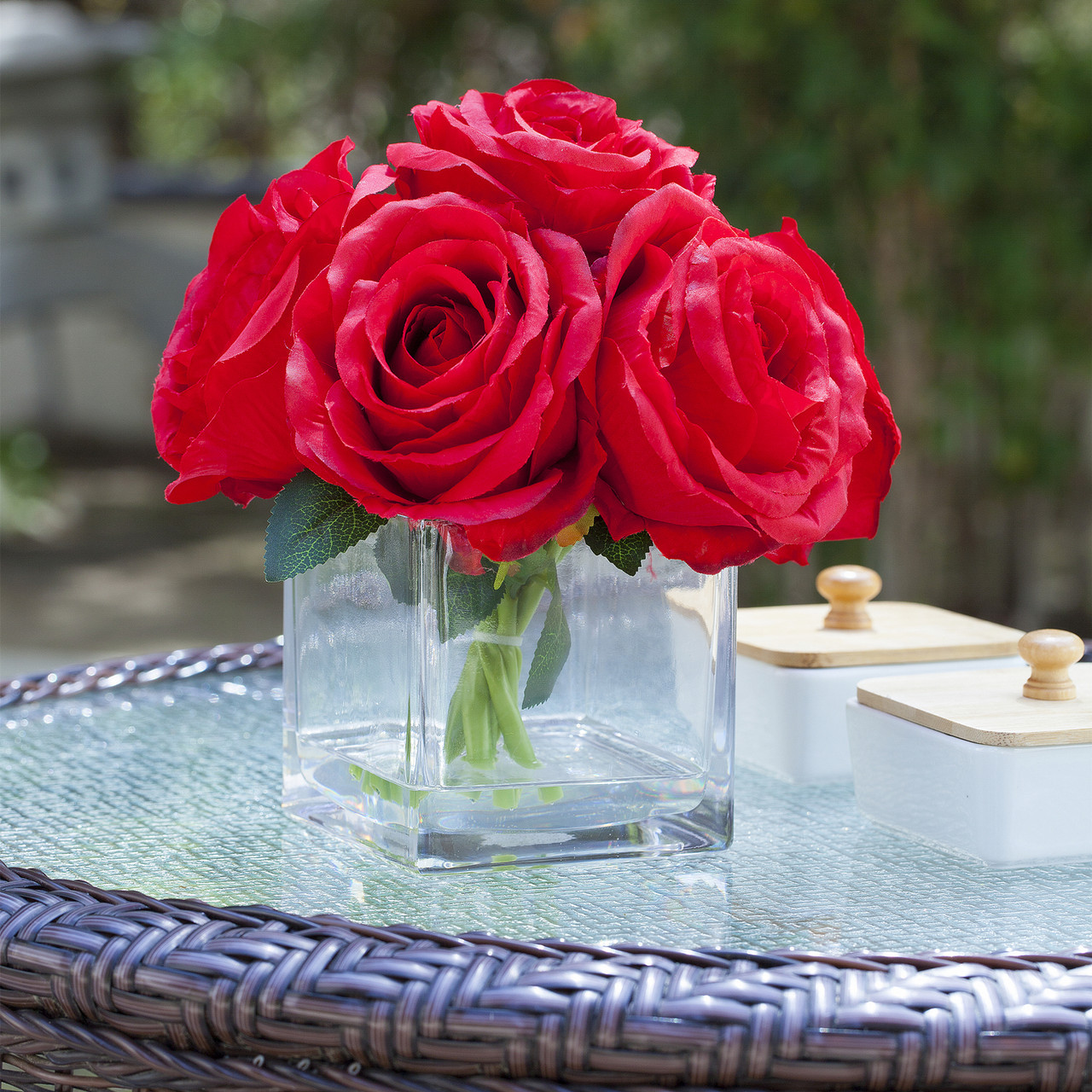 Enova Floral 7-Stem Large Bloom Artificial Rose in Square Glass Vase | High-Quality Silk Flowers | ~7-inch Tabletop Decor | Ideal for Home, Weddings, Parties & Holidays detail image 3