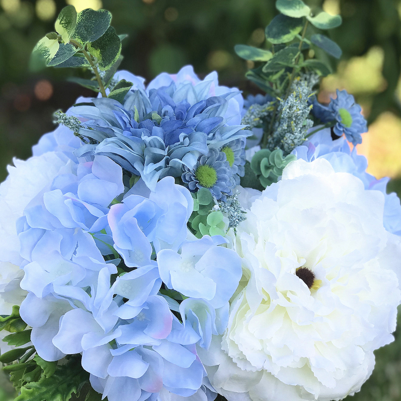 Enova Floral Cream-Blue Mixed Silk Peony & Hydrangea in Clear Glass Vase with Faux Water | High-Quality Silk Flowers | Approx. 12-inch Tabletop Decor detail image 5
