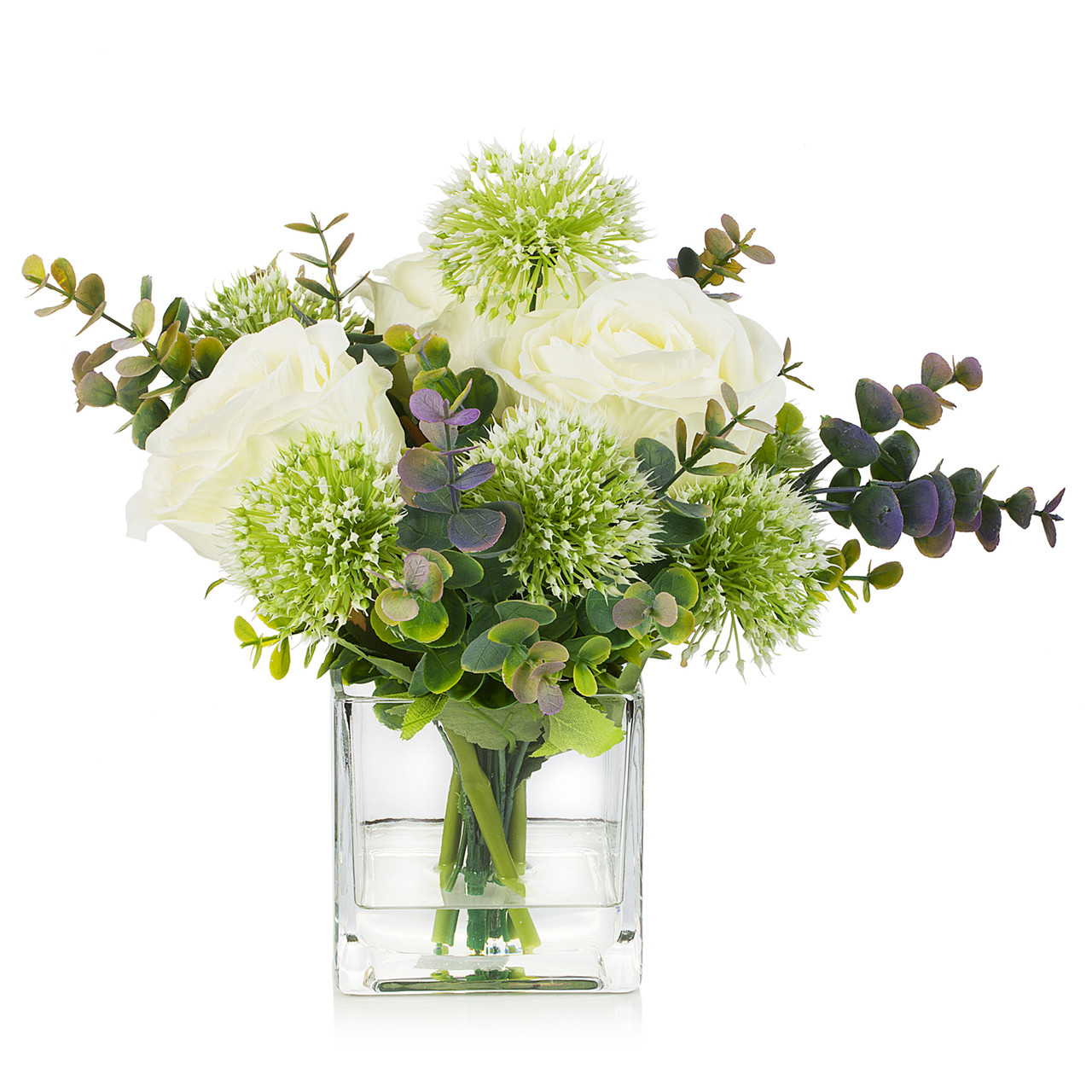 Enova Floral Mixed Silk Artificial Rose & Greenery in Square Glass Vase | High-Quality Silk Flowers | Faux Water Design | ~8" Tabletop Decoration detail image 1