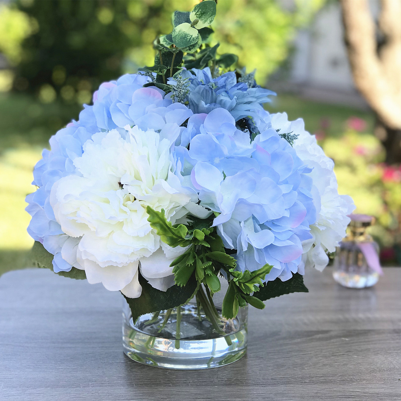 Enova Floral Cream-Blue Mixed Silk Peony & Hydrangea in Clear Glass Vase with Faux Water | High-Quality Silk Flowers | Approx. 12-inch Tabletop Decor detail image 4