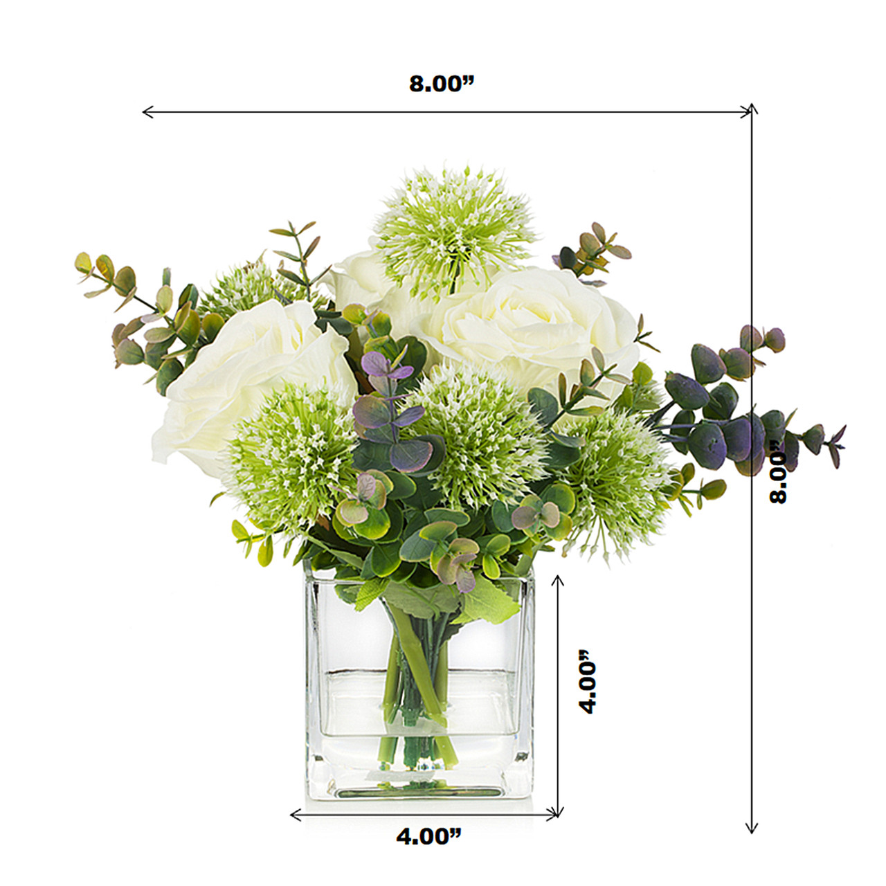 Enova Floral Mixed Silk Artificial Rose & Greenery in Square Glass Vase | High-Quality Silk Flowers | Faux Water Design | ~8" Tabletop Decoration detail image 4
