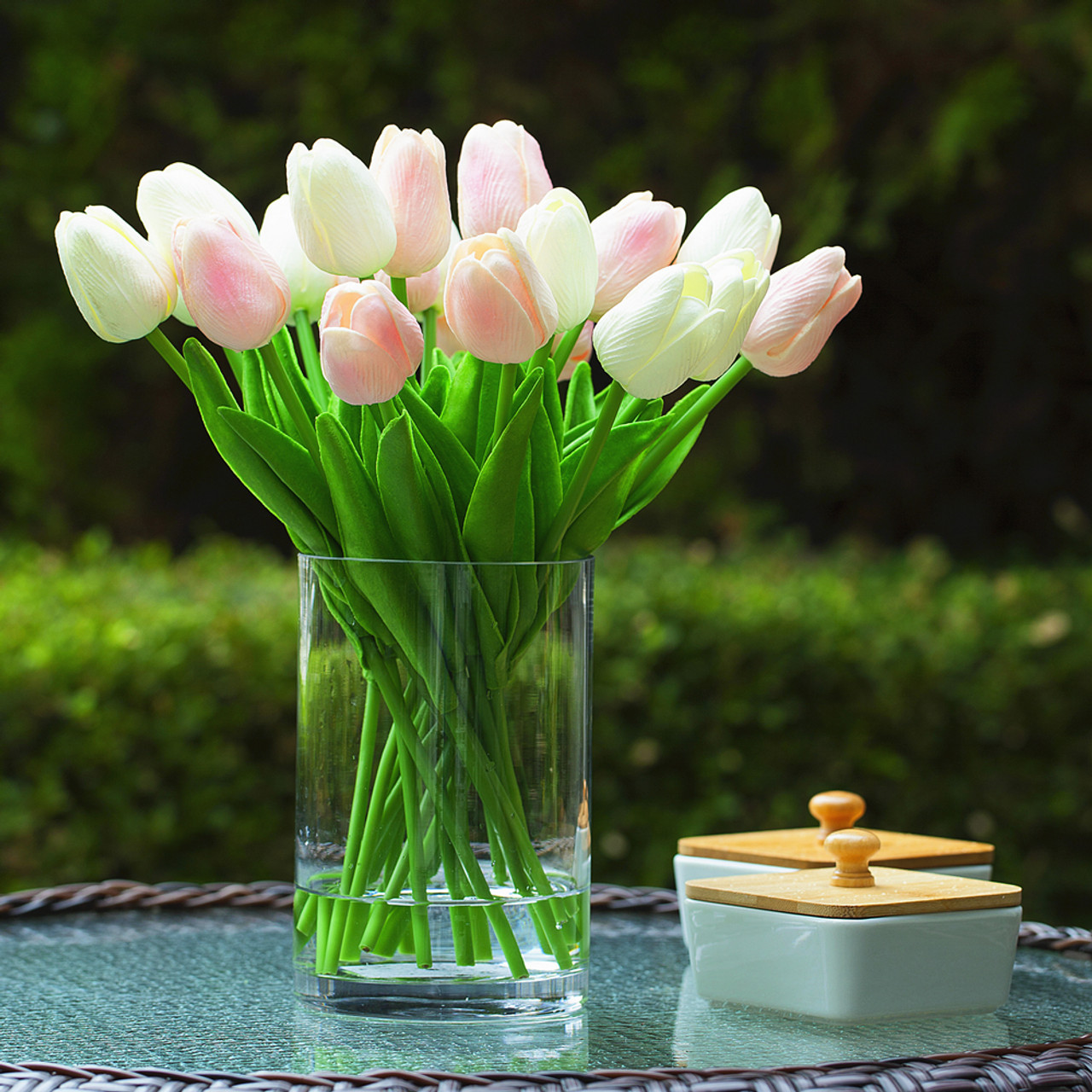 Enova Floral 20pcs Real Touch Artificial Tulips with Clear Glass Vase | High-Quality Real Touch Material | Realistic Water Effect | ~12in Table Decoration | Ideal for Home, Wedding & Party detail image 3