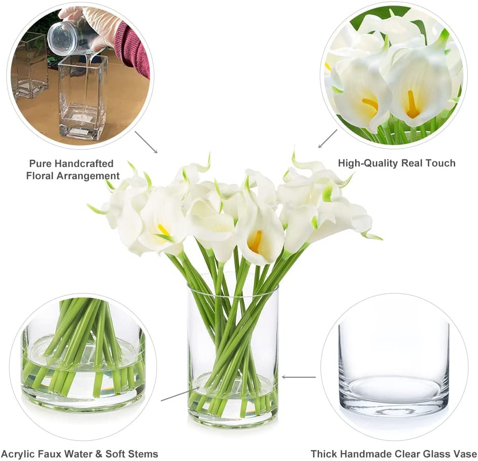 Enova Floral 20 Real Touch Calla Lilies with Clear Glass Vase — High-Quality Artificial Flowers with Faux Water, ~12" Tabletop Décor detail image 4
