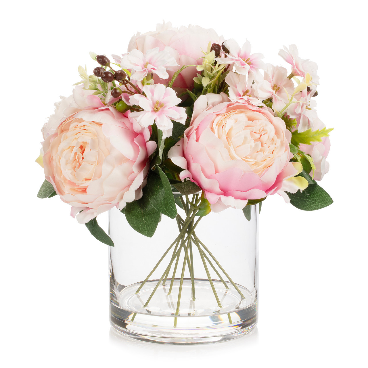 Enova Floral 7-Head Mixed Color Artificial Peony Arrangement in Glass Vase|Handmade Silk Flowers|Faux Water Design|Approx. 10-inch Tabletop Decoration detail image 7