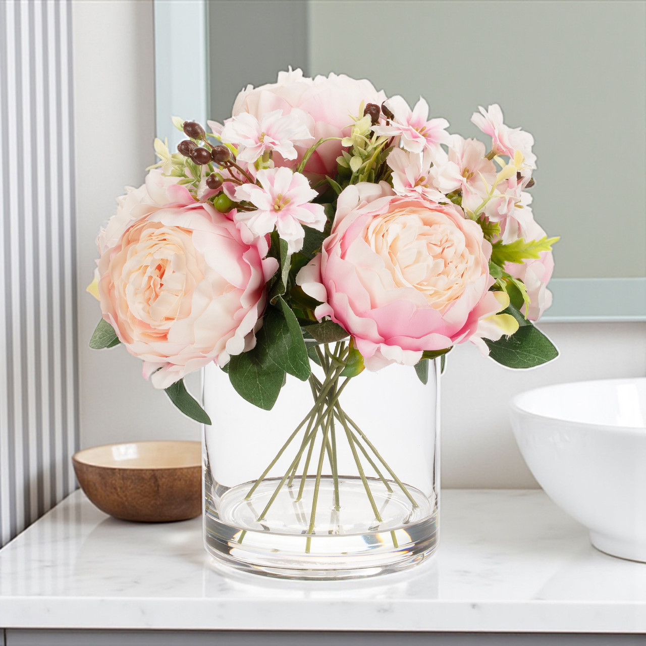 Enova Floral 7-Head Mixed Color Artificial Peony Arrangement in Glass Vase|Handmade Silk Flowers|Faux Water Design|Approx. 10-inch Tabletop Decoration detail image 8