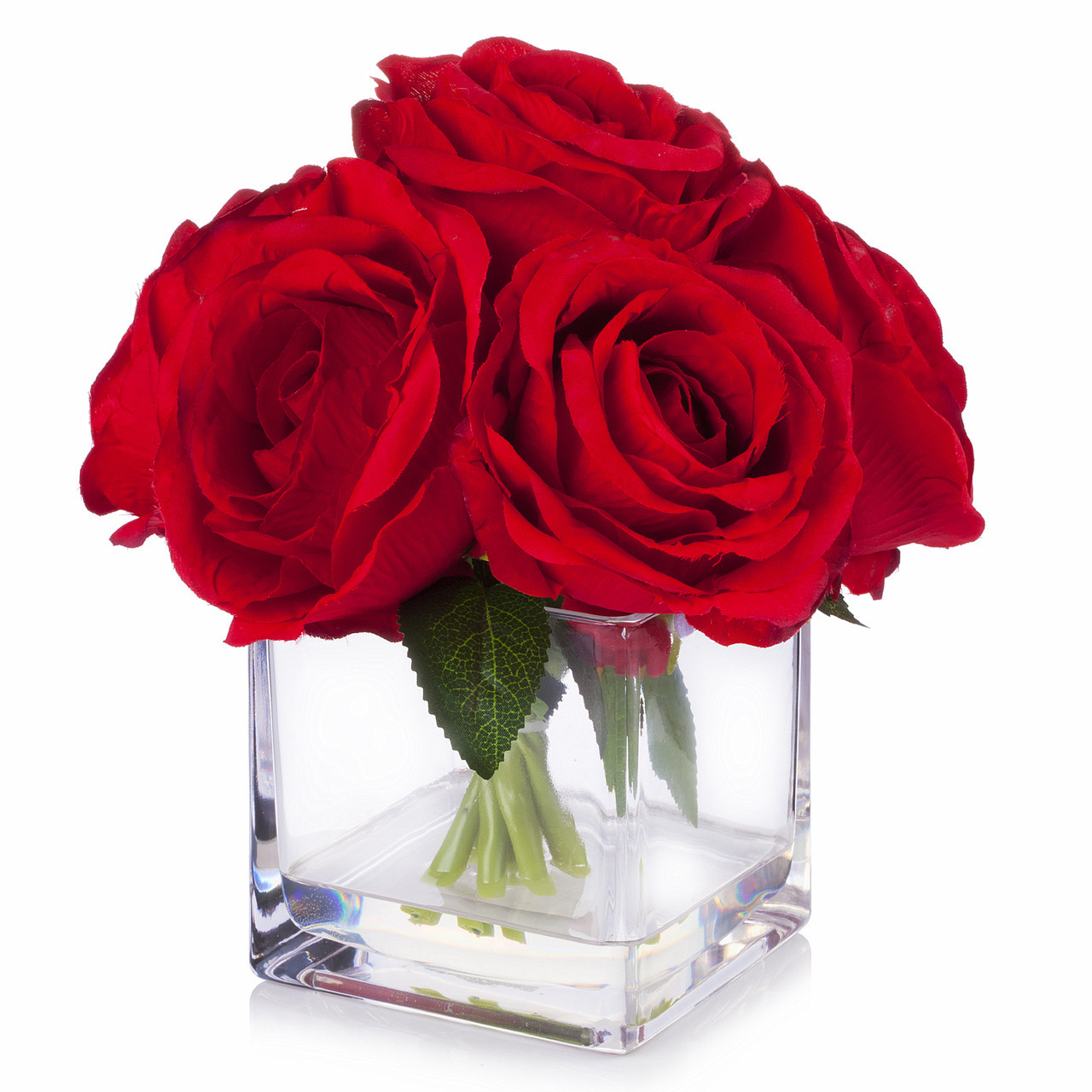 Enova Floral 7-Stem Large Bloom Artificial Rose in Square Glass Vase | High-Quality Silk Flowers | ~7-inch Tabletop Decor | Ideal for Home, Weddings, Parties & Holidays detail image 1
