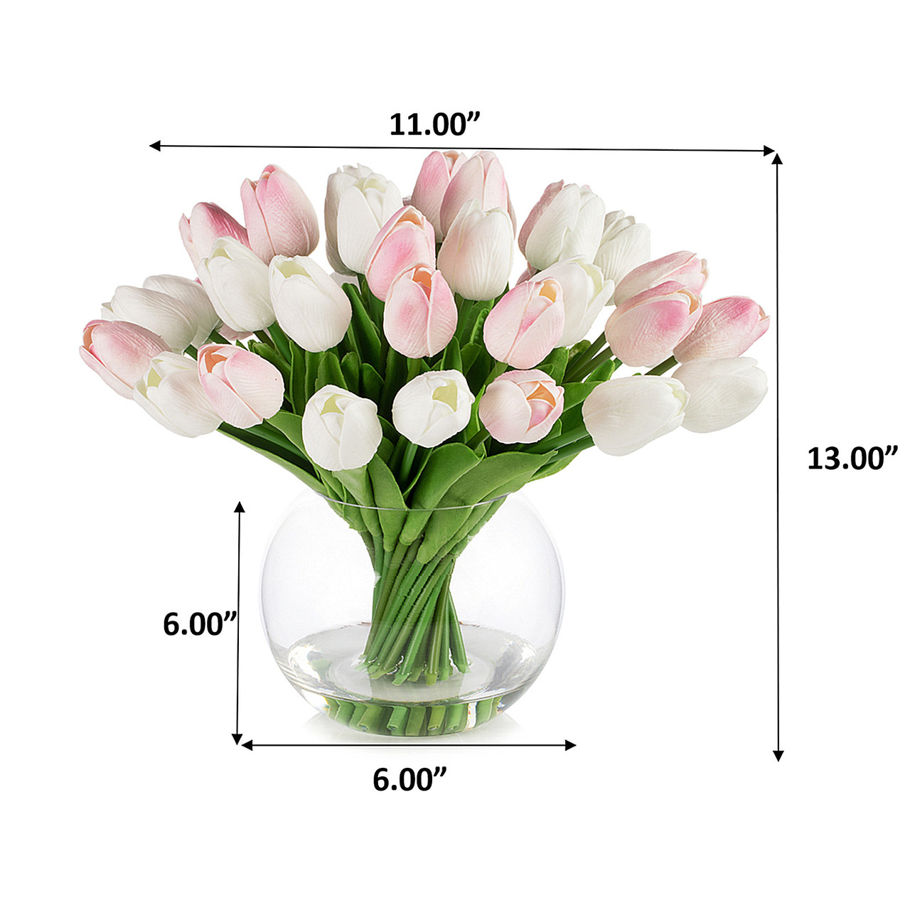Enova Floral 40-Head Real Touch Pink & White Artificial Tulips in Glass Vase | Faux Water Design | ~13" Tabletop Decoration detail image 6