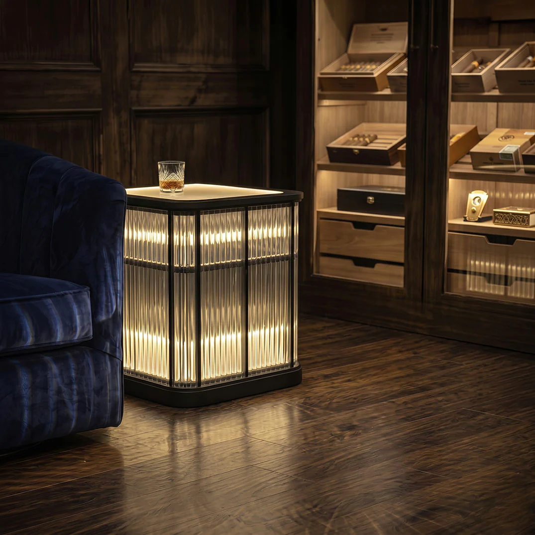 Moorizon Gatsby LED 23.6-Inch Square Fluted Glass Bar Cabinet, Plug-In Mini Wine Cabinet with 2400K Warm Built-In LED Strip for Apartments, Dining Areas, Cocktail Corners & Lounges detail image 10