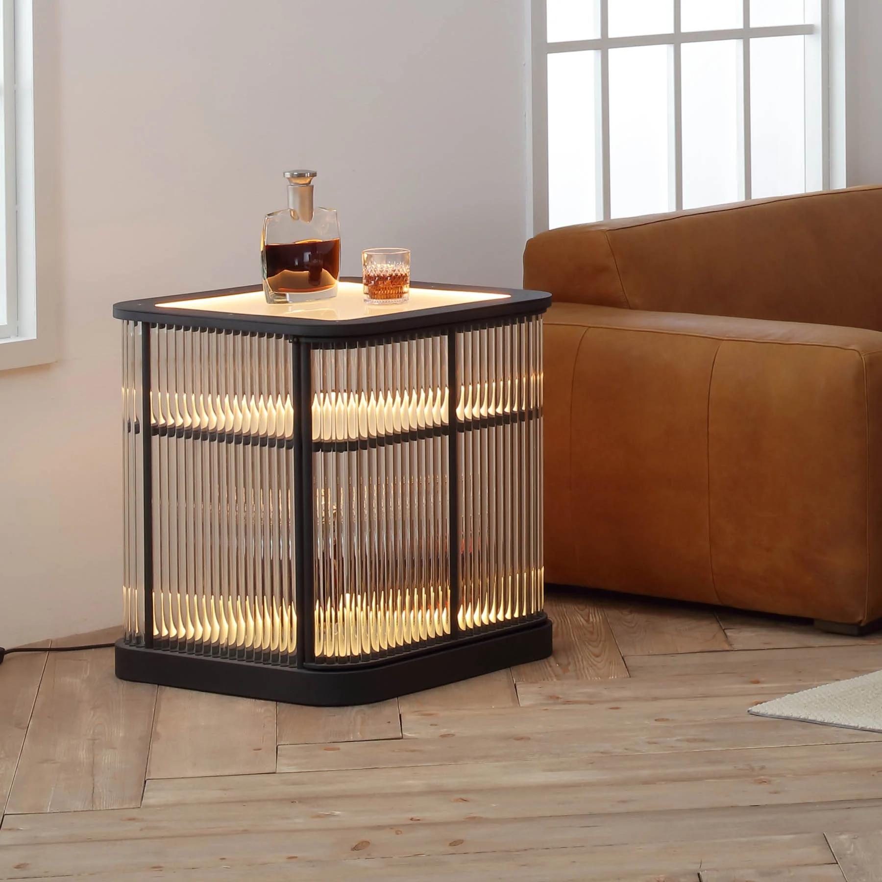 Moorizon Gatsby LED 23.6-Inch Square Fluted Glass Bar Cabinet, Plug-In Mini Wine Cabinet with 2400K Warm Built-In LED Strip for Apartments, Dining Areas, Cocktail Corners & Lounges detail image 12