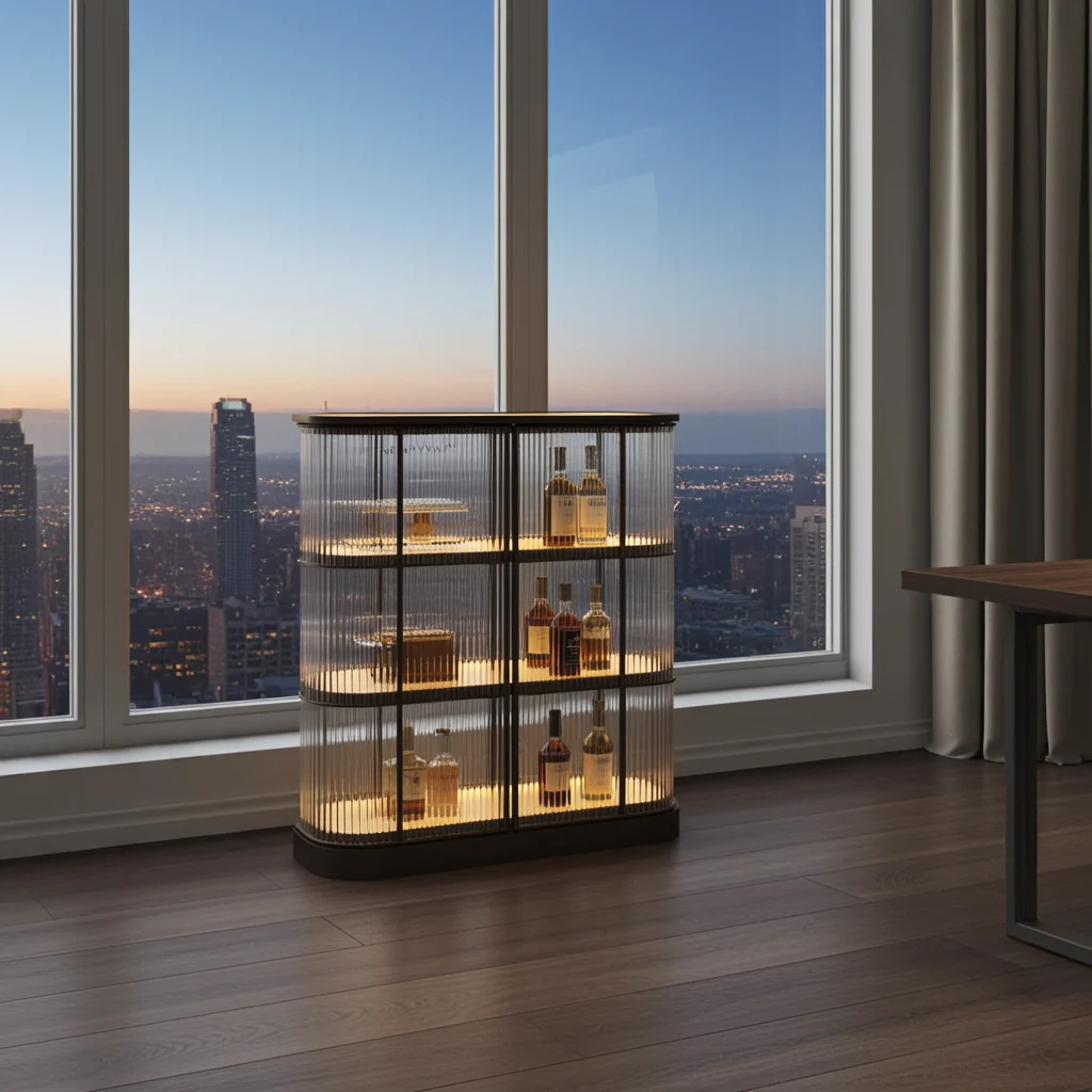 Moorizon Gatsby LED 39.4-Inch Rectangular Fluted Glass Bar Cabinet, Plug-In Wine Cabinet with 2400K Warm Three-Tier Lighting for Living Rooms, Lounges, Dining Rooms & Commercial Reception Spaces detail image 7
