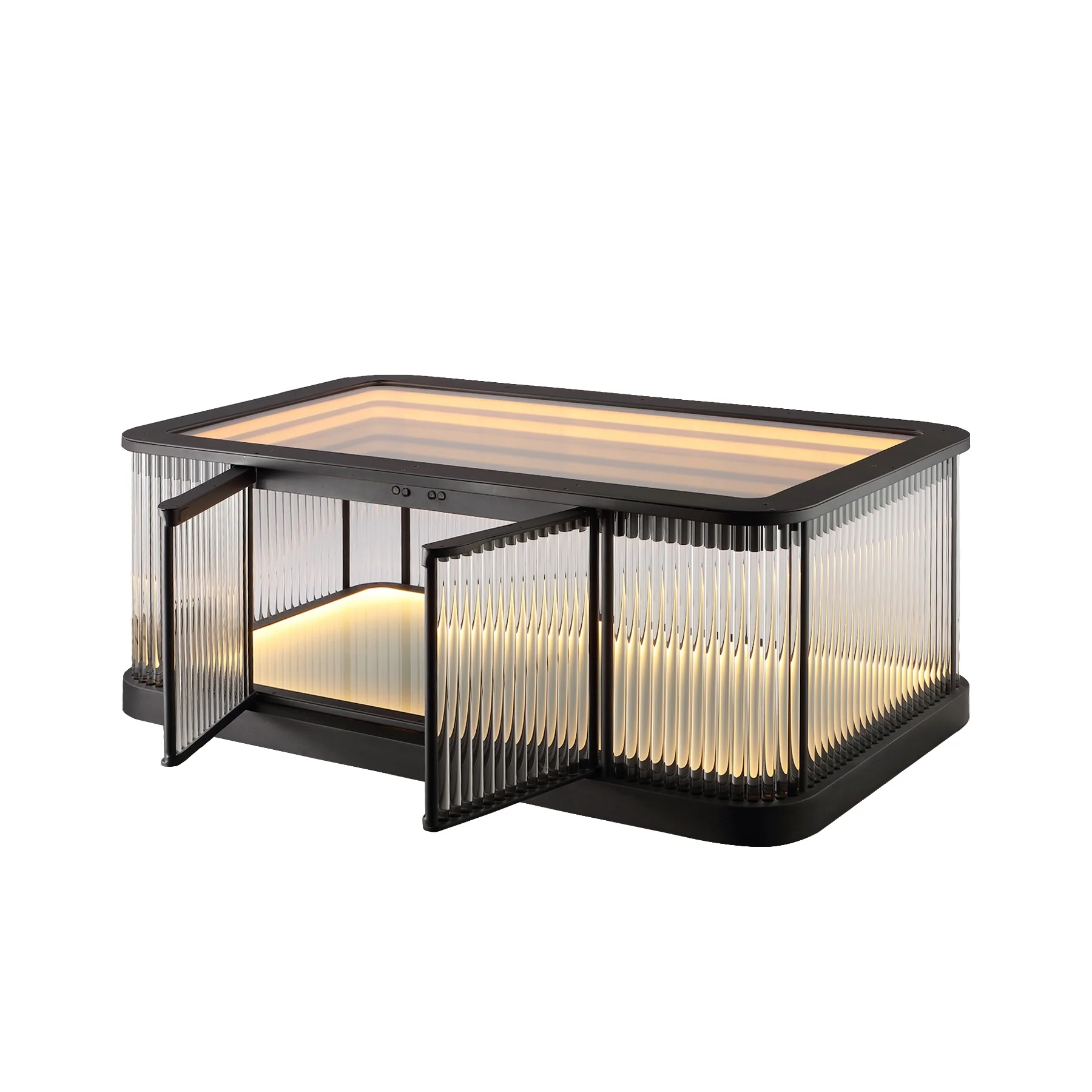 Moorizon Gatsby LED 48-Inch Fluted Glass Bar Coffee Table Cabinet, Plug-In Display Cabinet with 2400K Warm Built-In Light Strip for Living Rooms, Home Bars, Hotel Suites & Commercial Lounges detail image 2