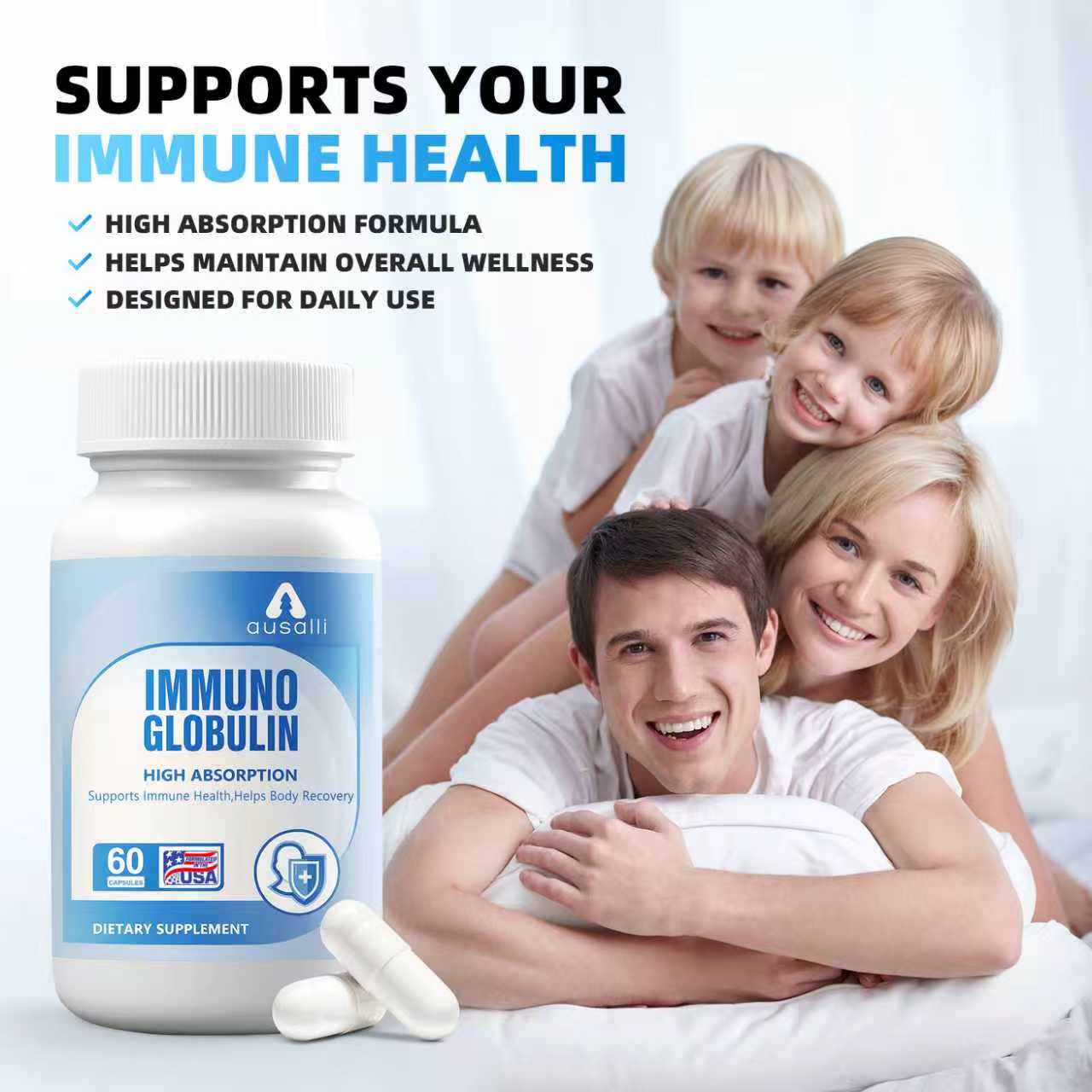 AUSALLI Immunoglobulin Dietary Supplement 60 Capsules | High Absorption | Made in USA — Immunoglobulins: Core Support · Vitamin C: Antioxidant Protection · Zinc & Selenium: Essential Trace Minerals · Inulin & Beta-Glucan: Prebiotic Support detail image 2