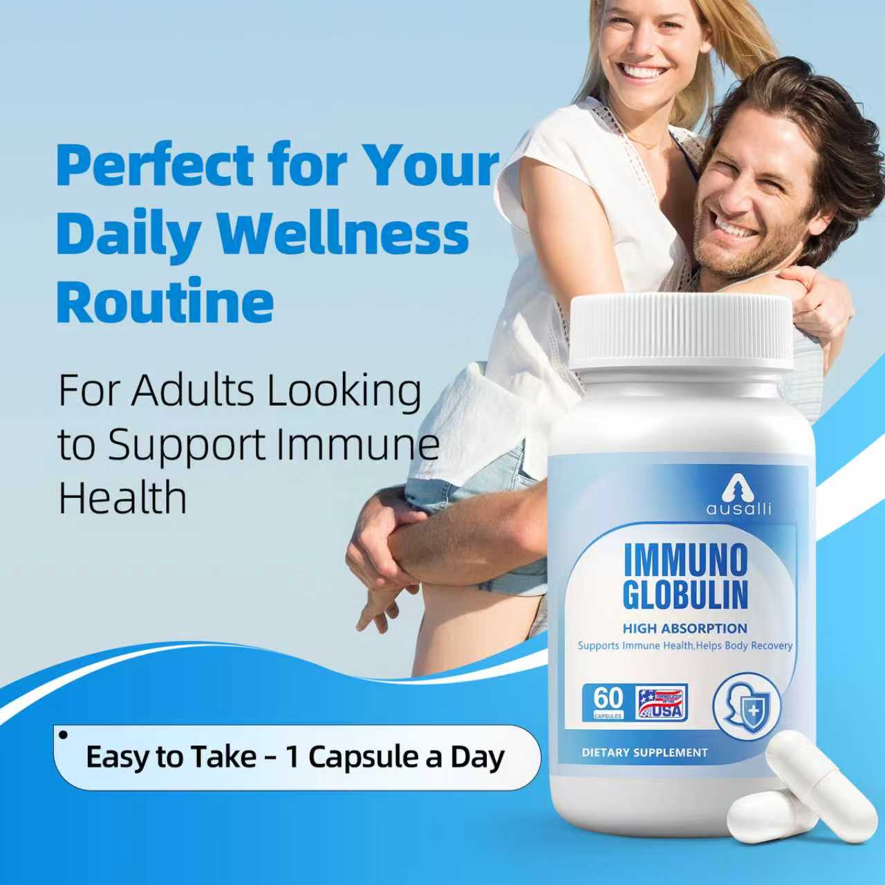 AUSALLI Immunoglobulin Dietary Supplement 60 Capsules | High Absorption | Made in USA — Immunoglobulins: Core Support · Vitamin C: Antioxidant Protection · Zinc & Selenium: Essential Trace Minerals · Inulin & Beta-Glucan: Prebiotic Support detail image 1