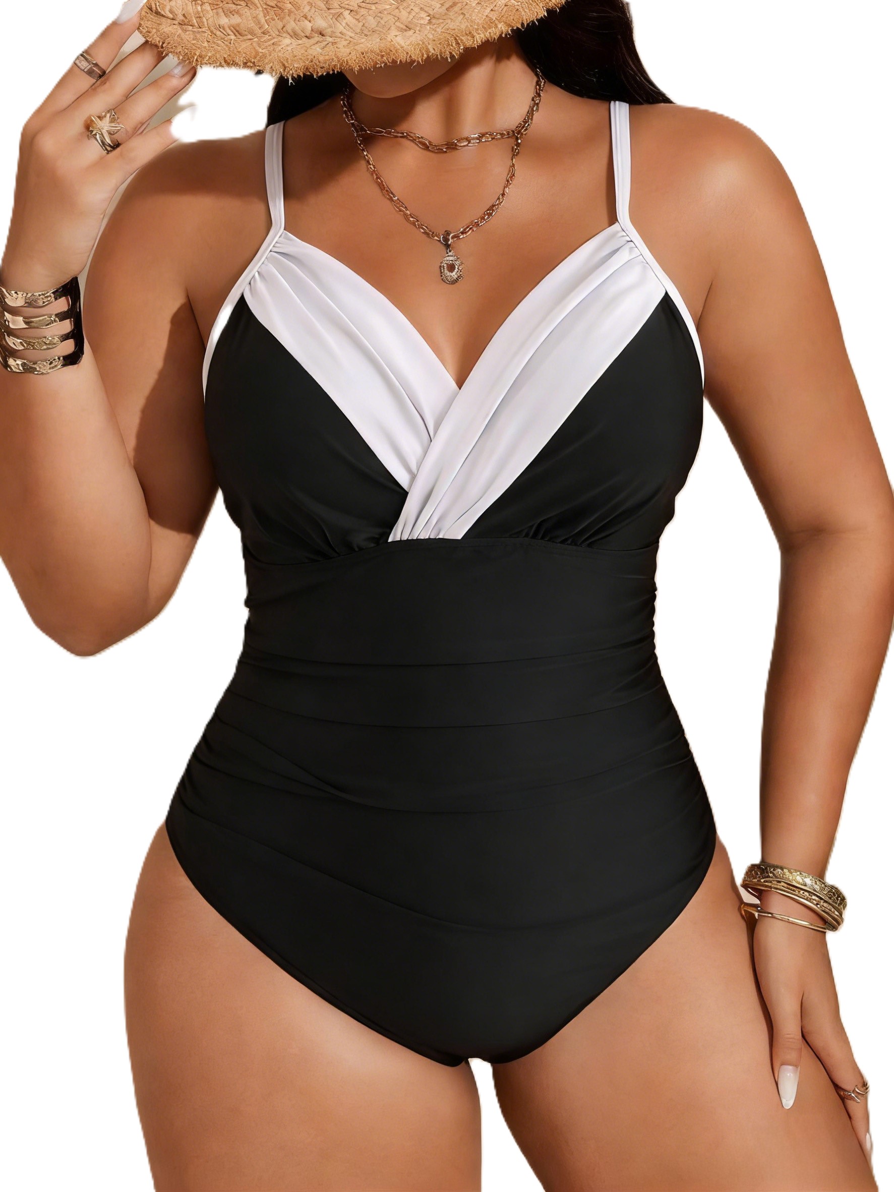 Plus Size Black and White Color Block V-Neck Tummy Control One Piece Swimsuit detail image 2