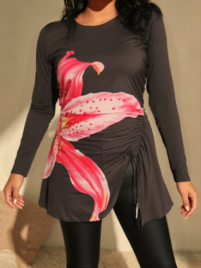 Lily Print Crew Neck Long Sleeve Ruched Modest Two Piece Swimsuit detail image 2