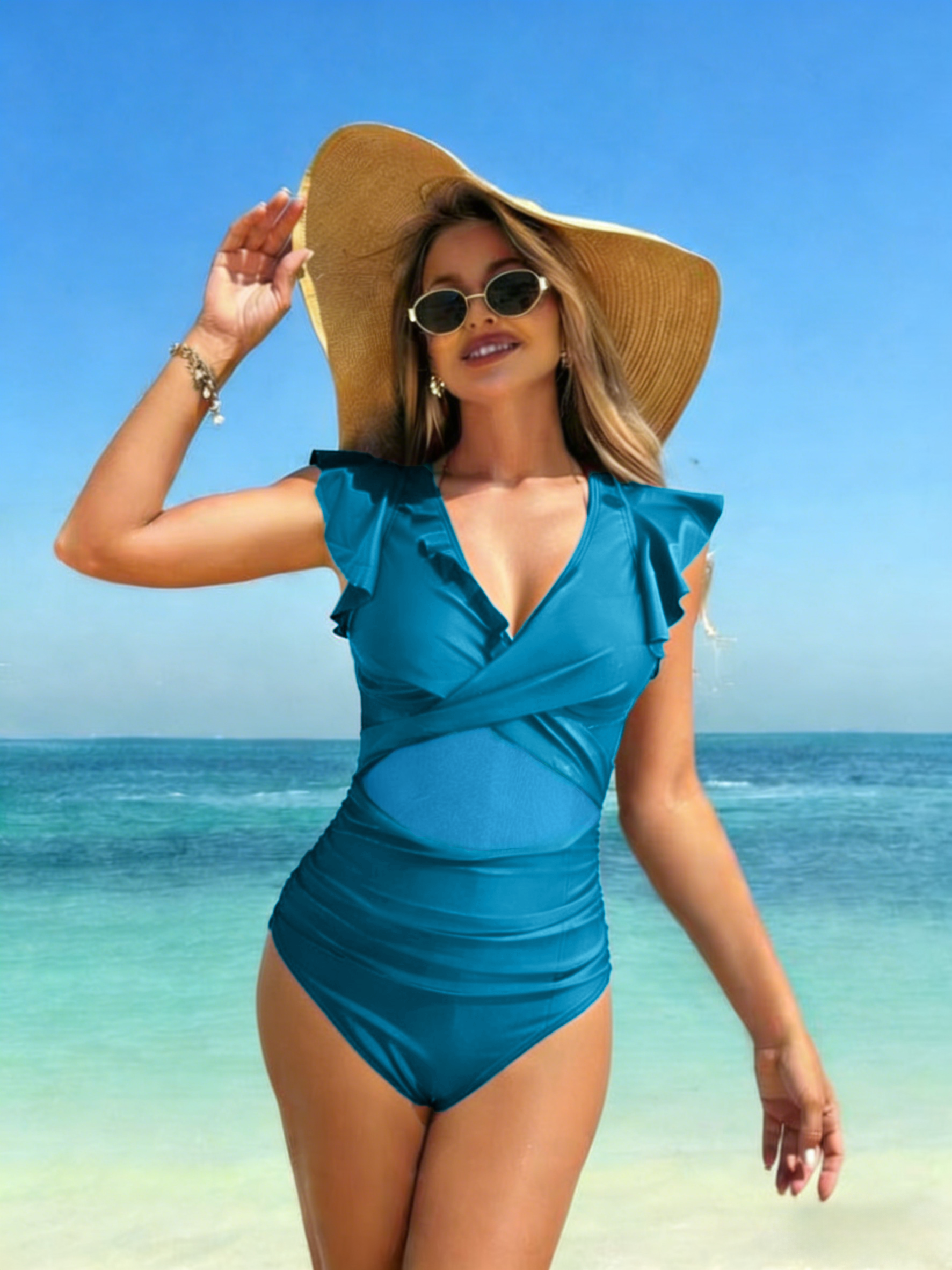 V-Neck Ruffle Sleeve Mesh Cutout One Piece Swimsuit, Cross Ruched Tummy Control Bathing Suit detail image 7