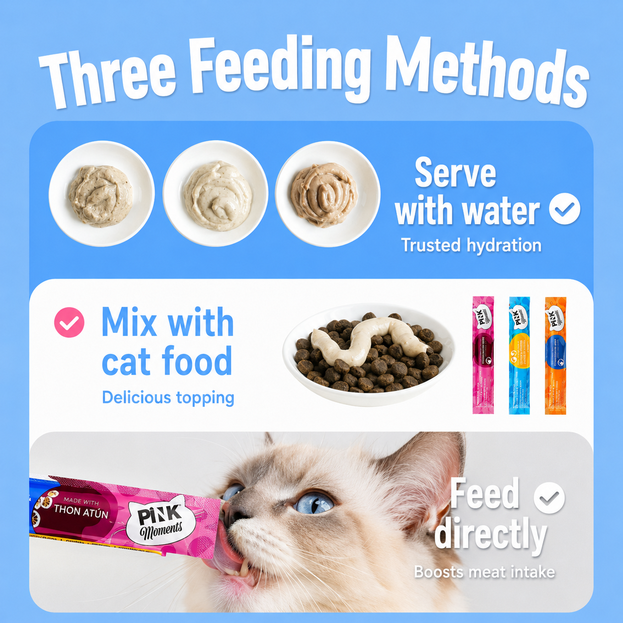 Pink Moments Lickable Cat Treats Variety Pack 50 Sticks | Tuna 20 + Chicken 15 + Salmon & Chicken 15 | Interactive Reward & Food Topper detail image 8