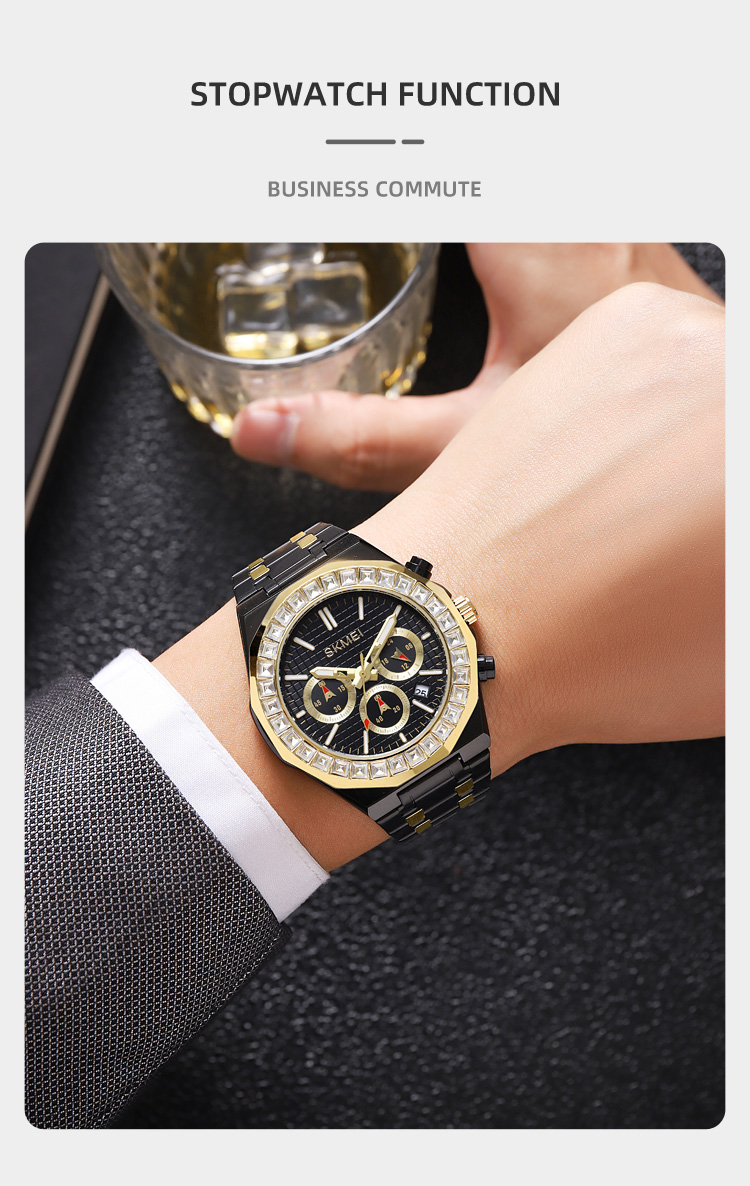 SKMEI 2380 Series Men’s Business Quartz Watch — Two-Tone/Black-Gold Stainless Steel Chronograph, 30M Water Resistant, Date, Large Dial — Gift Quality detail image 2