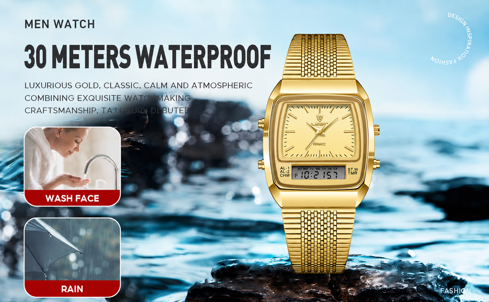 SKMEI L103002 Men's Gold Stainless Steel Vintage Dual-Display Watch — Analog + Digital Quartz, 30M Water Resistant, Business Casual detail image 4