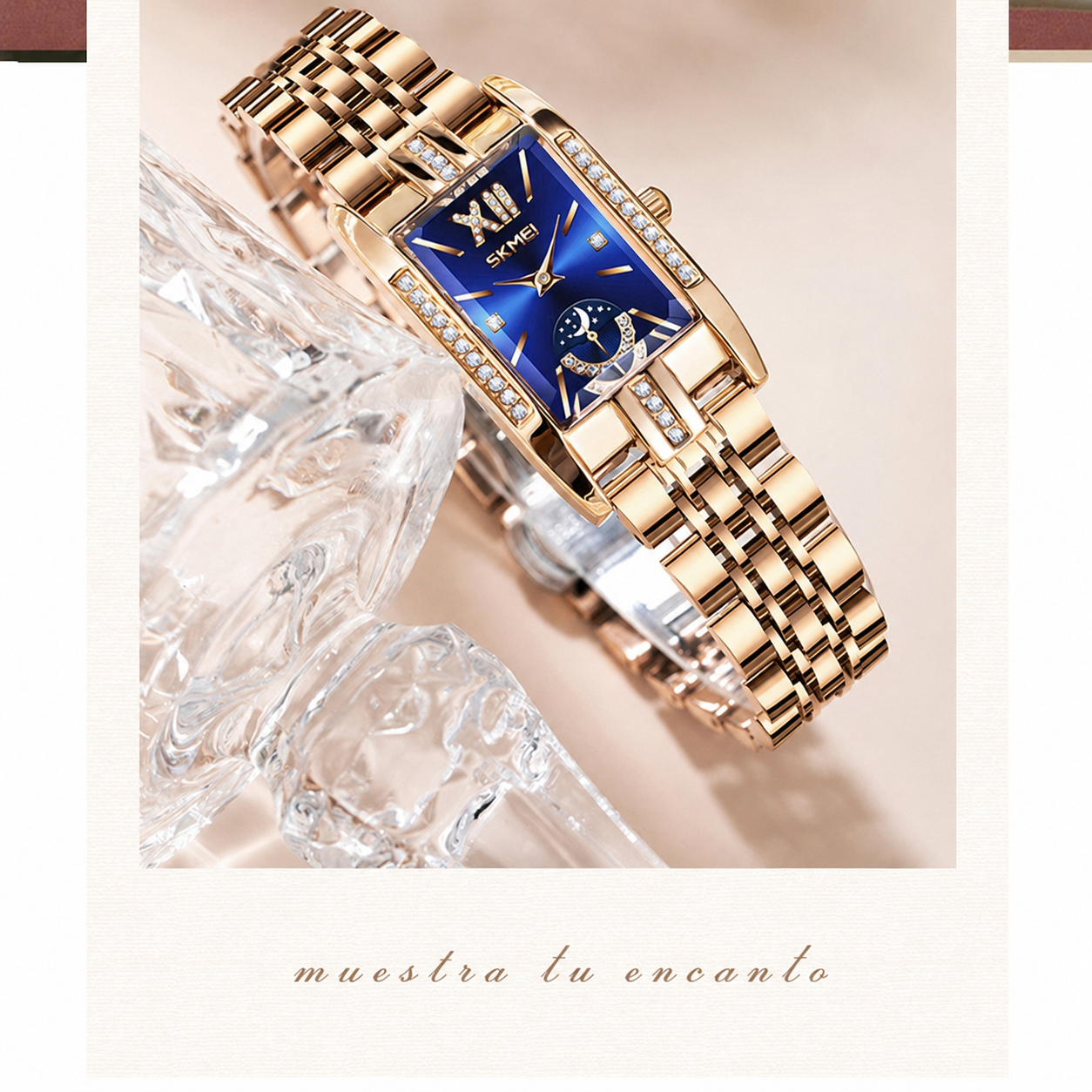 SKMEI 7092 Serie Reloj de Mujer de Cuarzo con Correa de Acero en Oro Rosa, Esfera Cuadrada Pequeña Azul/Marrón, Cristal de Alta Dureza, 30M Resistente al Agua — Elegante para Regalo detail image 4