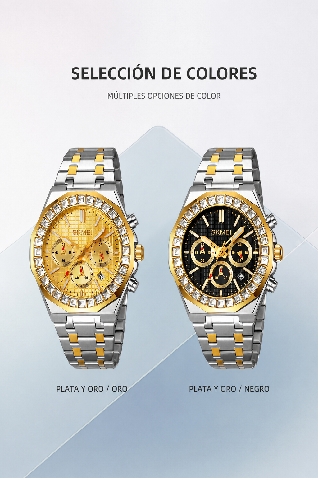 SKMEI Serie 2380 Reloj de cuarzo para hombre para negocios Correa metálica bicolor/negra Cronógrafo 30m resistente al agua Fecha Esfera grande Reloj masculino Ideal para regalo detail image 1