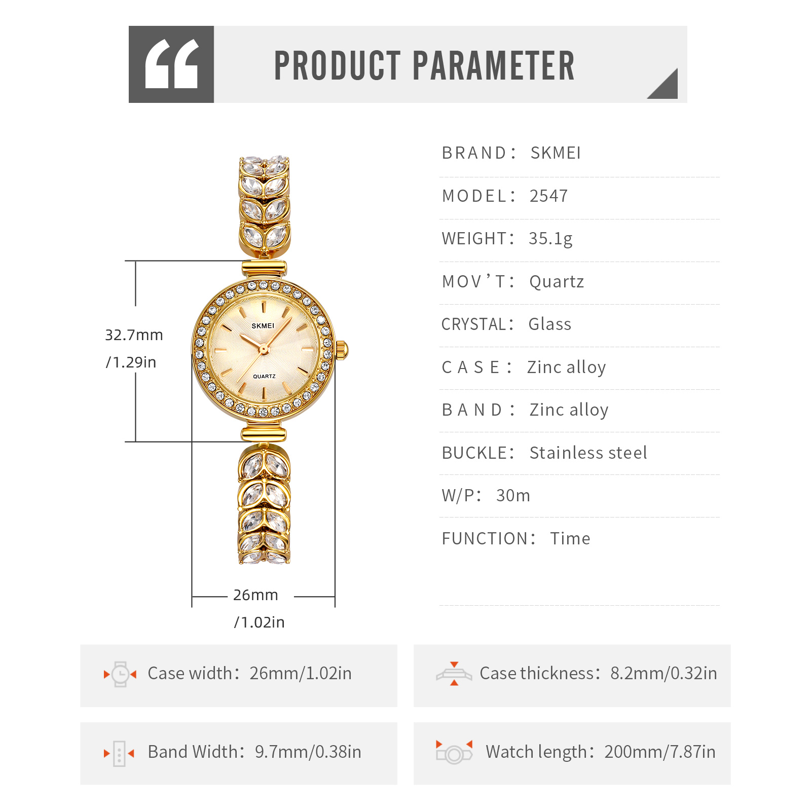 SKMEI 2547 Women's Elegant Quartz Watch — 30M Water Resistant Bracelet Style (Gold / Rose Gold / Silver) detail image 3