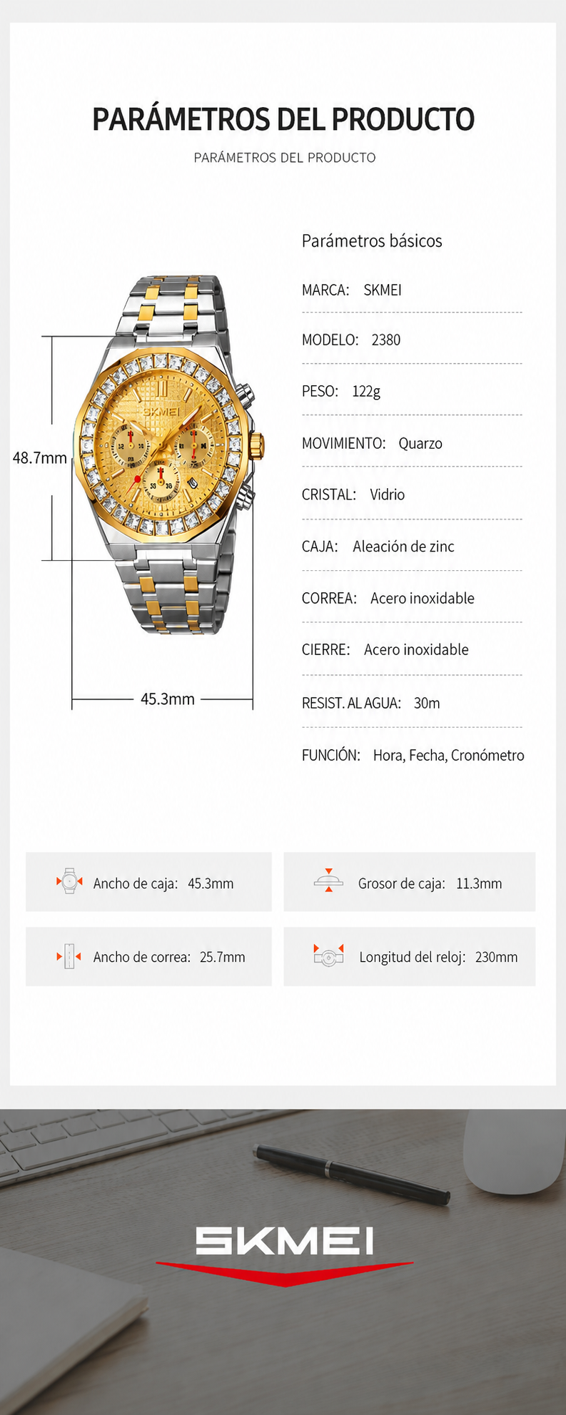 SKMEI Serie 2380 Reloj de cuarzo para hombre para negocios Correa metálica bicolor/negra Cronógrafo 30m resistente al agua Fecha Esfera grande Reloj masculino Ideal para regalo detail image 7