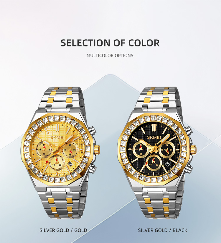 SKMEI 2380 Series Men’s Business Quartz Watch — Two-Tone/Black-Gold Stainless Steel Chronograph, 30M Water Resistant, Date, Large Dial — Gift Quality detail image 6