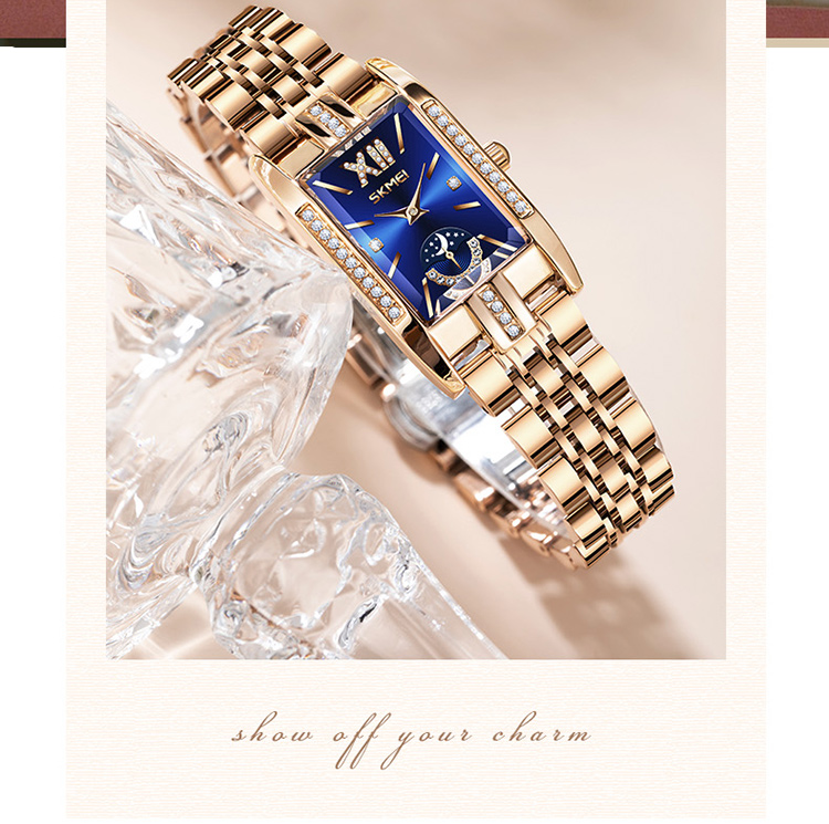 SKMEI 7092 Women’s Rose Gold Stainless Steel Quartz Watch — Small Square Dial, Blue/Brown Dial, High-Hardness Glass, 30M Water Resistant, Gift-Worthy detail image 4