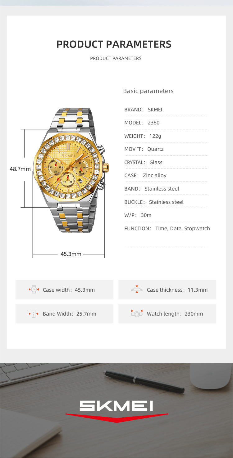 SKMEI 2380 Series Men’s Business Quartz Watch — Two-Tone/Black-Gold Stainless Steel Chronograph, 30M Water Resistant, Date, Large Dial — Gift Quality detail image 7