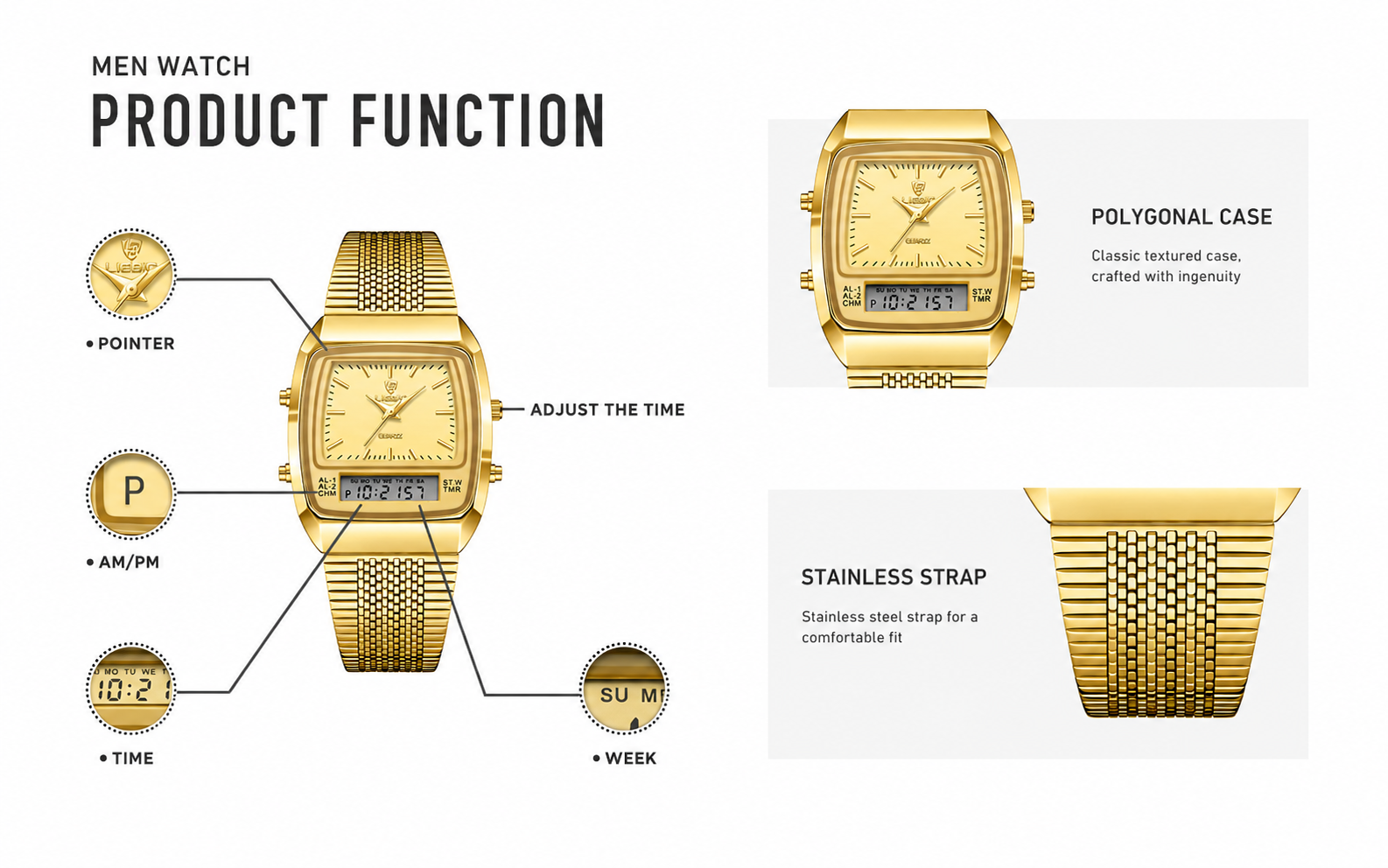SKMEI L103002 Men's Gold Stainless Steel Vintage Dual-Display Watch — Analog + Digital Quartz, 30M Water Resistant, Business Casual detail image 5