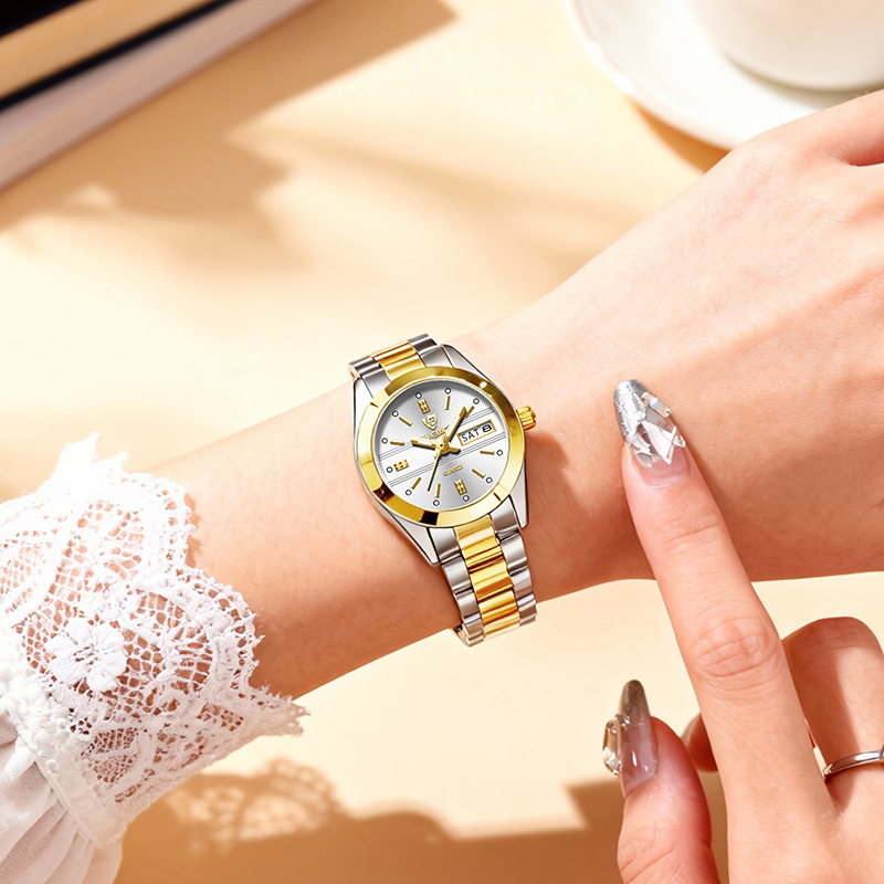 SKMEI L1031 Reloj de cuarzo femenino elegante y refinado para trabajo, correa de acero inoxidable dorada/bi-color, esfera pequeña, resistente al agua 30m, regalo ideal detail image 4