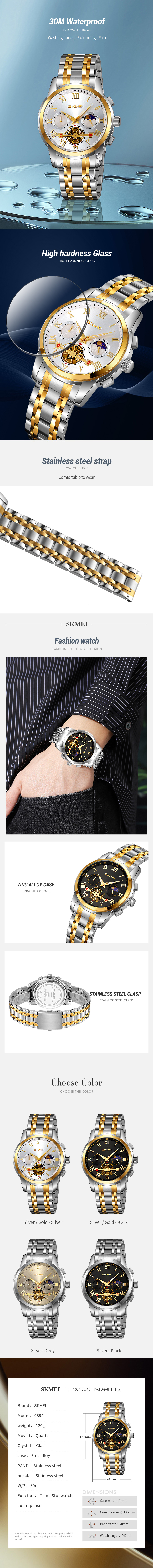 SKMEI 9394 Men’s Moonphase Quartz Watch Stainless Steel Bracelet Business Casual 30M Water Resistant Chronograph Gift detail image 3