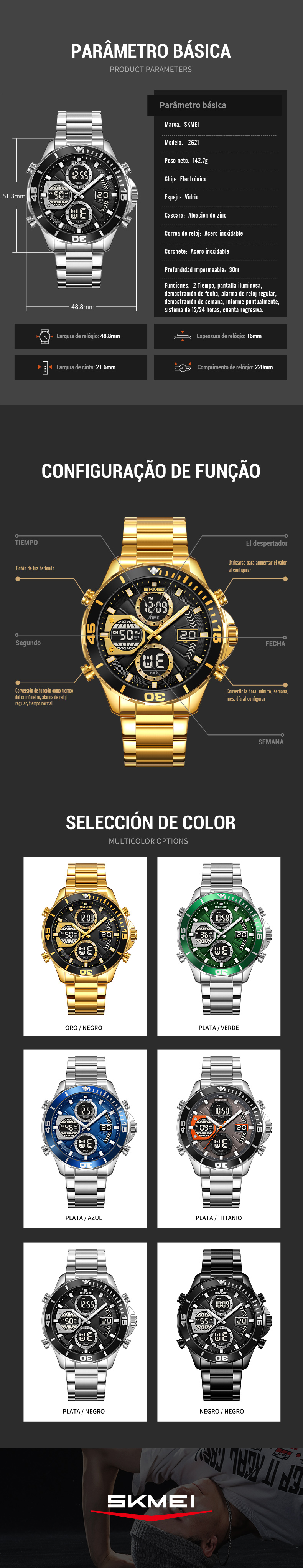 SKMEI 2621 Reloj deportivo multifunción para hombre - Indicador analógico y digital, correa de acero inoxidable, resistencia al agua 30 m, esfera grande, cuarzo electrónico (regalo ideal para Día del Padre y cumpleaños) detail image 4
