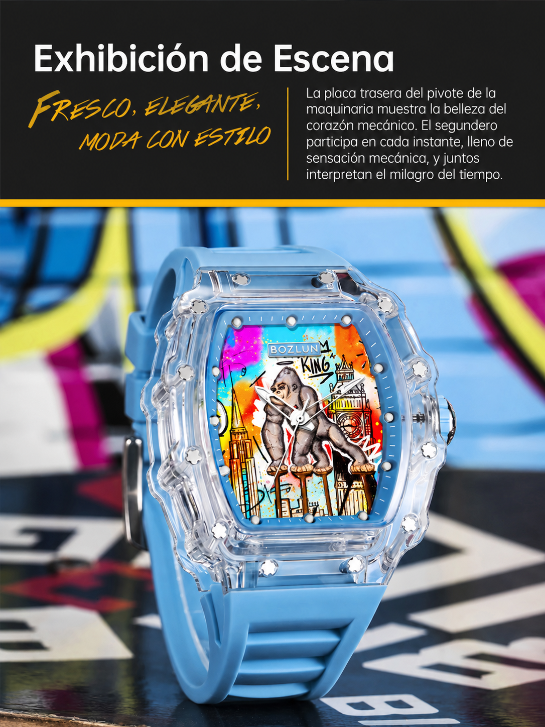 SKMEI KOTA serie reloj mecánico unisex estilo urbano caja cuadrada transparente esfera con grafiti movimiento automático correa de silicona resistente al agua 30m ideal para regalo detail image 16