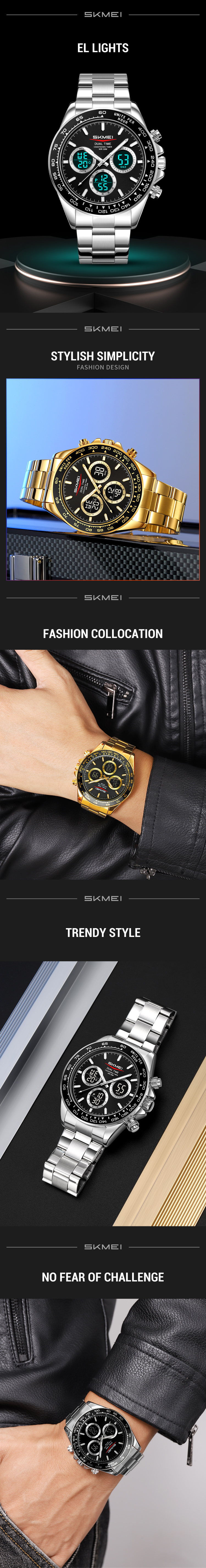 SKMEI 2587 Men's Gold Stainless Steel Dual-Display Sports Watch — Multifunctional Electronic Wristwatch, 30M Water Resistant, Large Dial, Stopwatch & Countdown — Premium Gift detail image 2