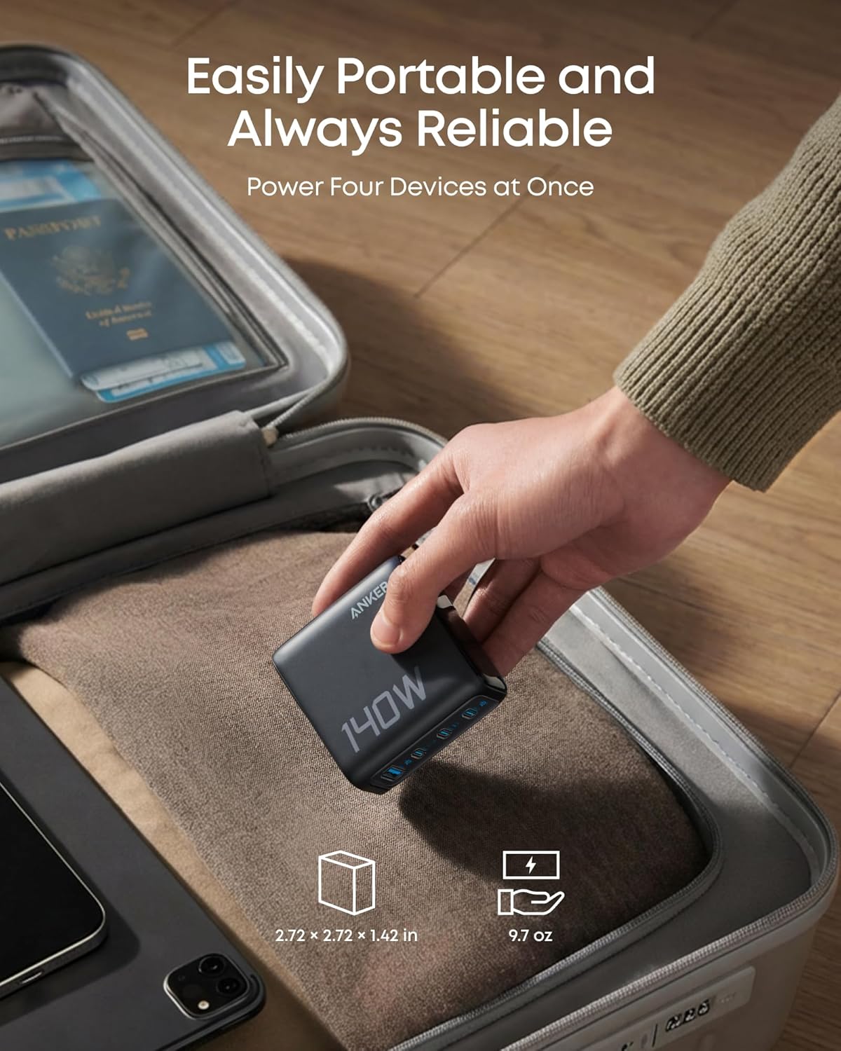 Anker 140W 4-Port PD 3.1 Charger with USB-C Cable, Wall Charger with 140W, USB-C, PD 3.1, 4-Port, for iPhone, iPad, MacBook, Samsung Galaxy, Travel/Office detail image 5