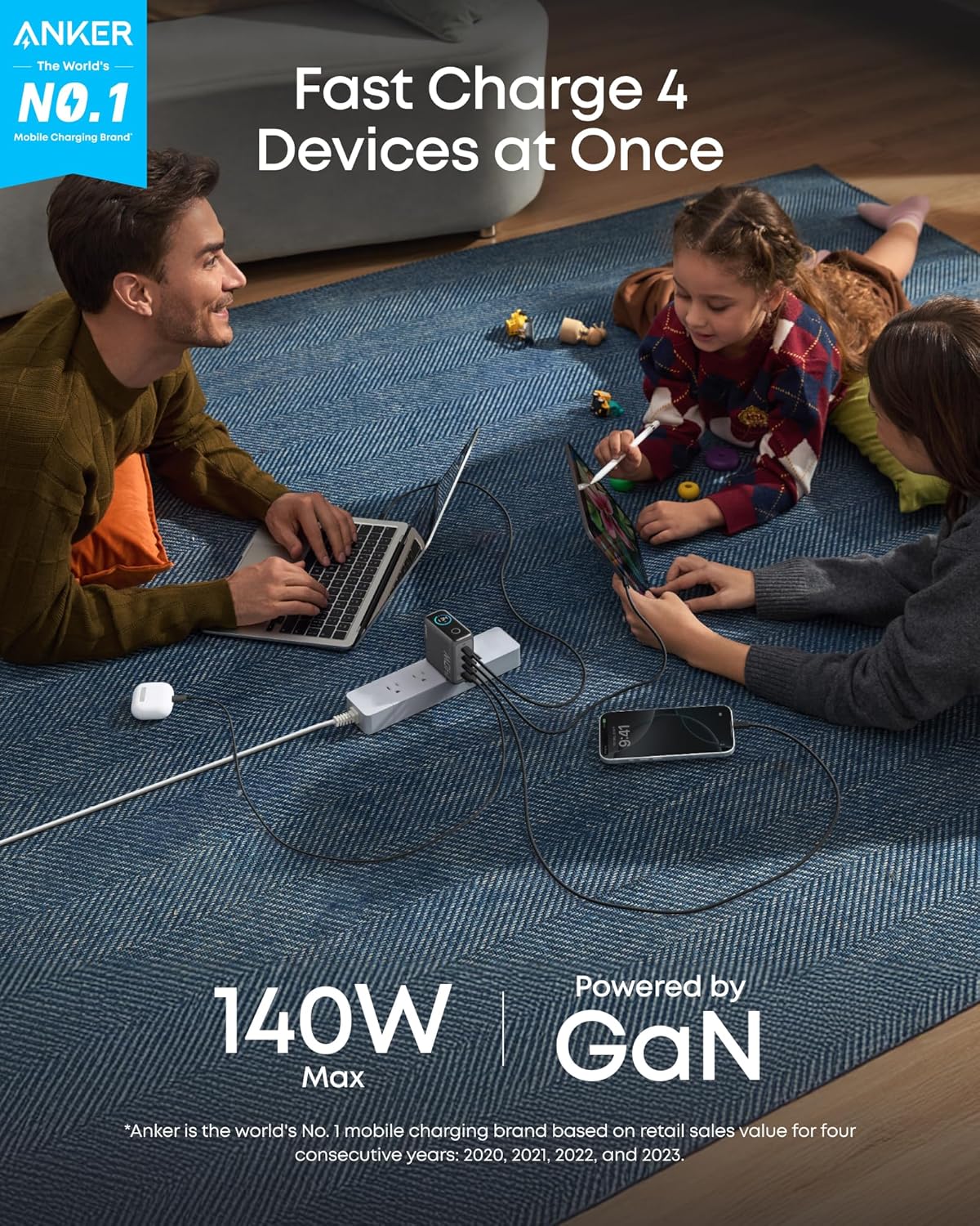 Anker 140W 4-Port PD 3.1 Charger with USB-C Cable, Wall Charger with 140W, USB-C, PD 3.1, 4-Port, for iPhone, iPad, MacBook, Samsung Galaxy, Travel/Office detail image 2