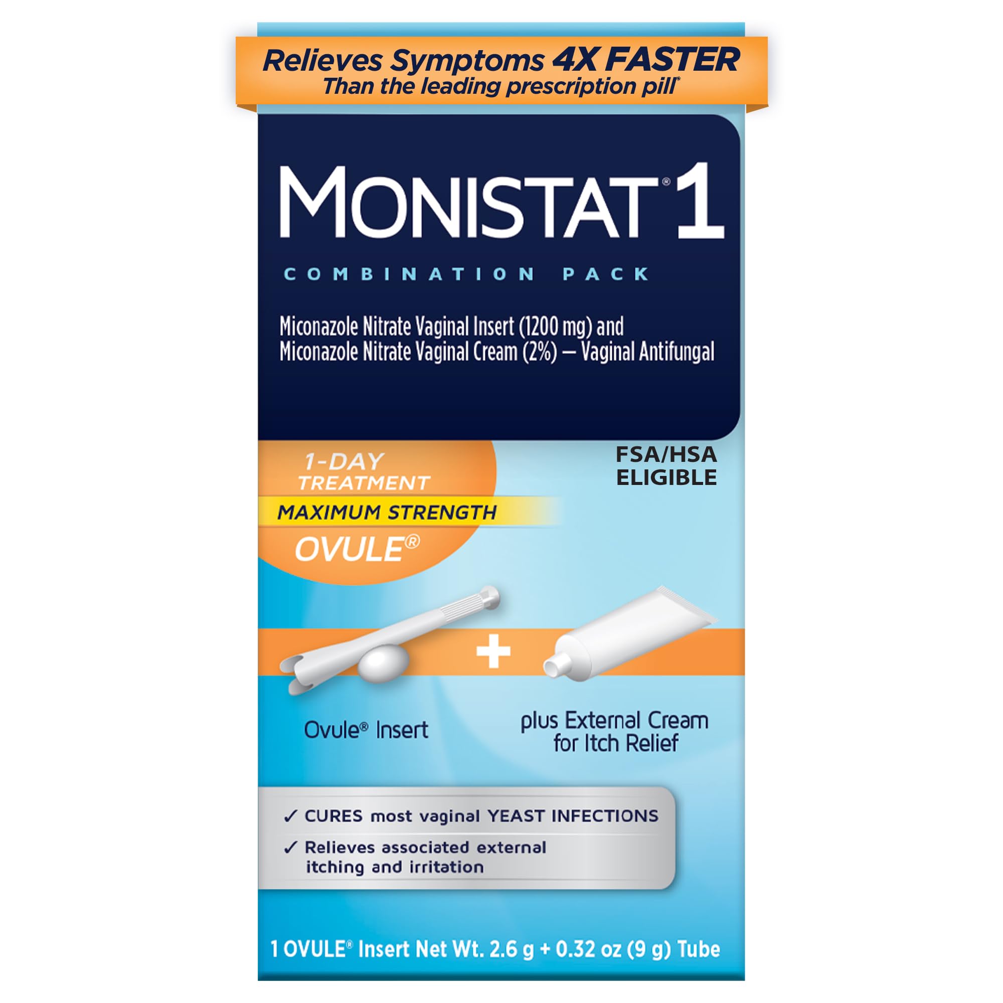 Monistat 1-Day Yeast Infection Treatment for Women, 1 Miconazole Ovule Insert & External Itch Relief Cream (9g Tube) Combo Pack, Maximum Strength detail image 1