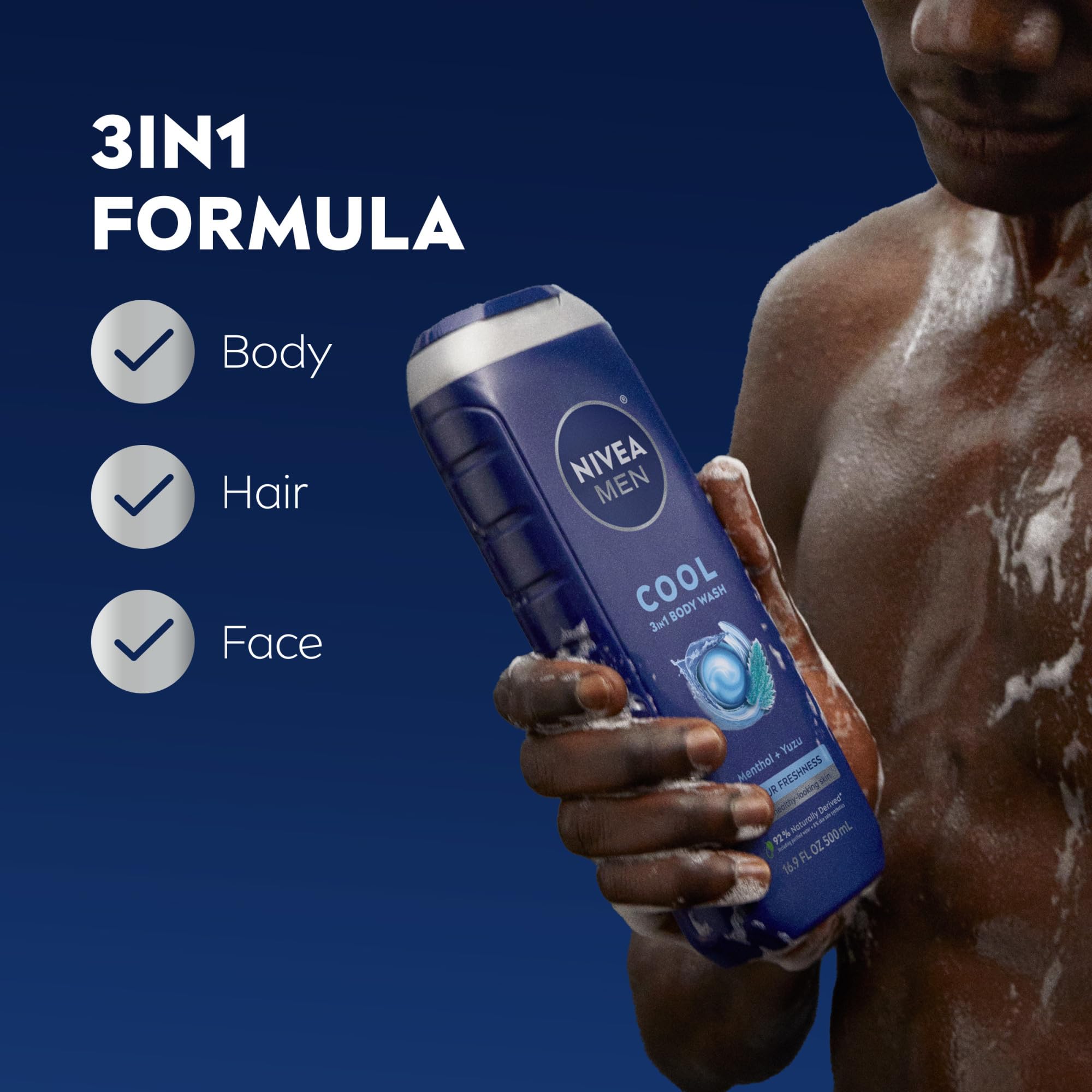 NIVEA MEN Cool 3-in-1 Body Wash, Icy Menthol & Yuzu Scent — 16. 9 fl oz (Pack of 3) detail image 3