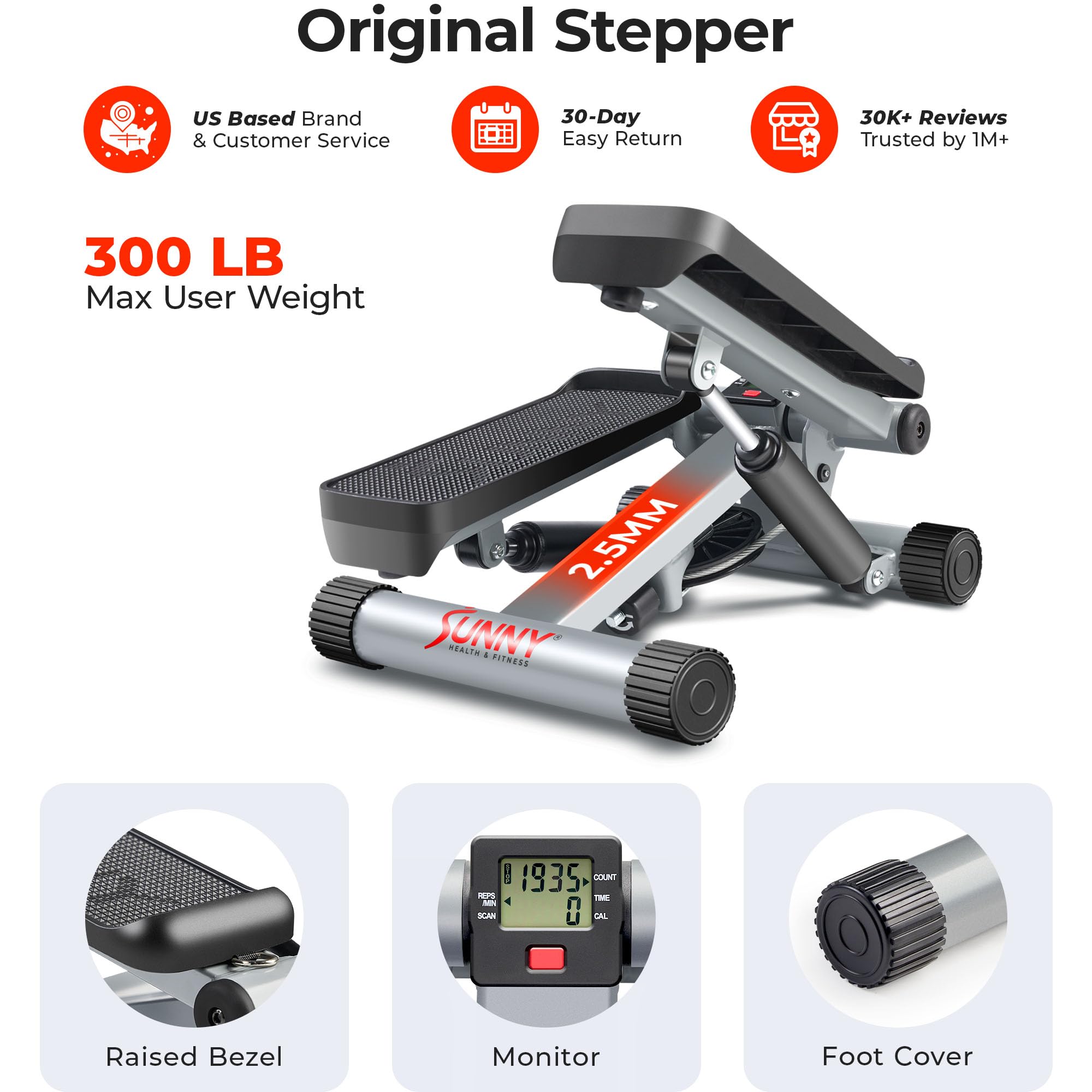 Sunny Health & Fitness Mini Stair Stepper with Resistance Bands — Adjustable Step Height, Hydraulic Resistance, LCD Meter, 300 lb Capacity, App Compatible detail image 6