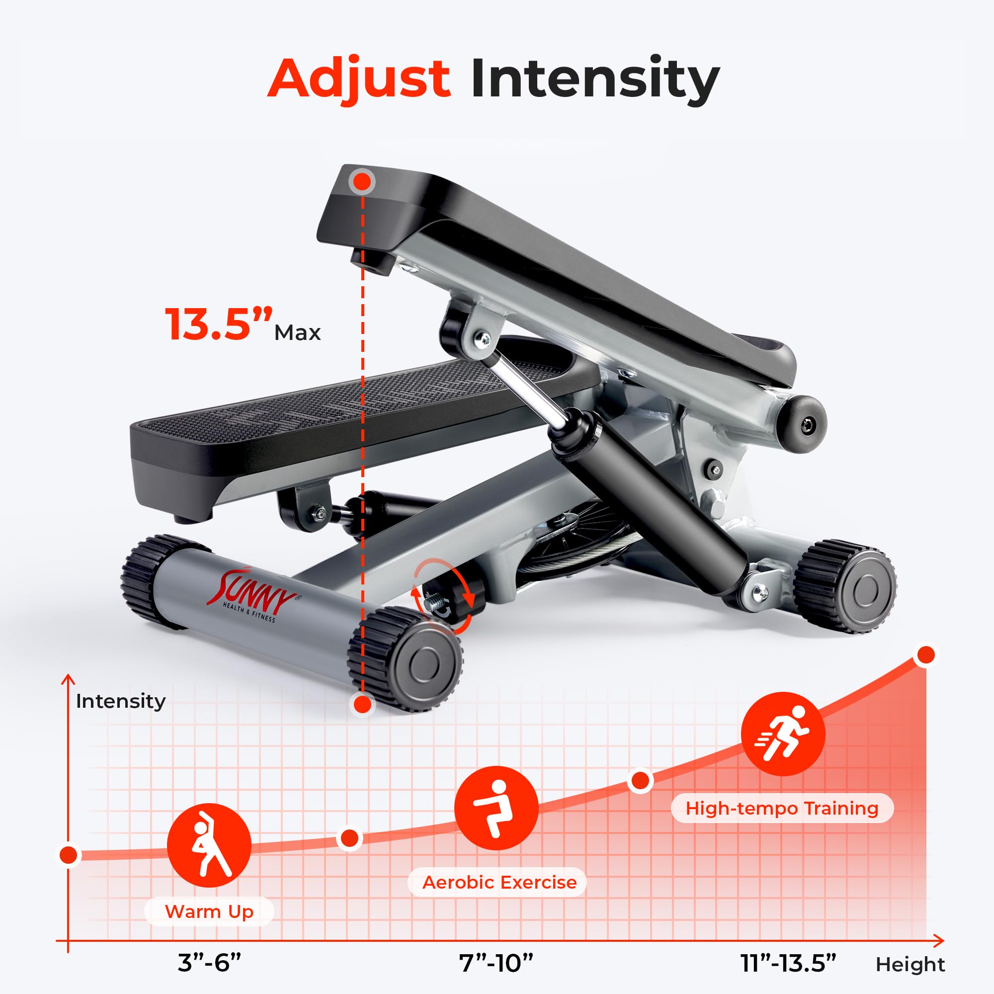 Sunny Health & Fitness Mini Stair Stepper with Resistance Bands — Adjustable Step Height, Hydraulic Resistance, LCD Meter, 300 lb Capacity, App Compatible detail image 3