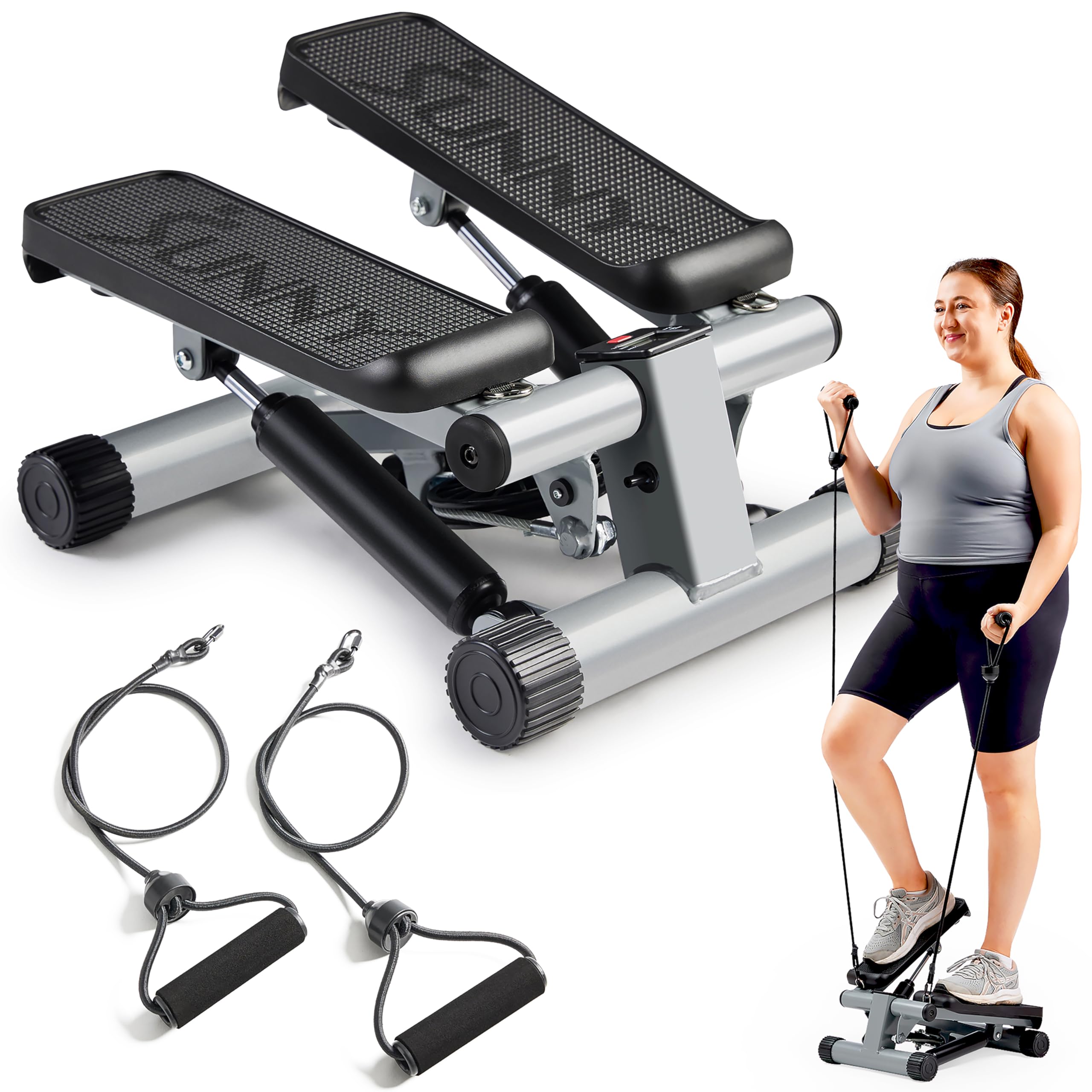 Sunny Health & Fitness Mini Stair Stepper with Resistance Bands — Adjustable Step Height, Hydraulic Resistance, LCD Meter, 300 lb Capacity, App Compatible detail image 1