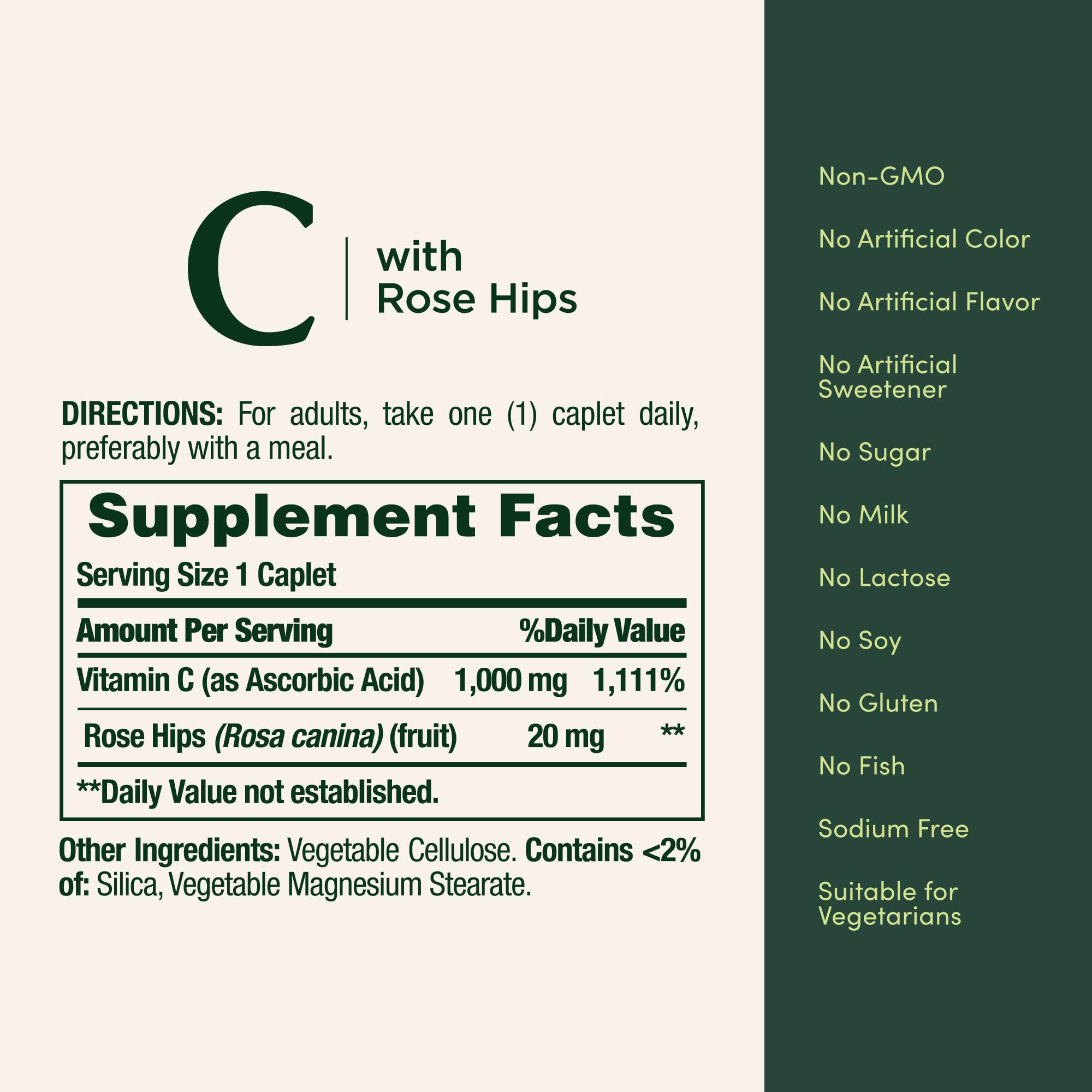Nature’s Bounty Vitamin C + Rose Hips, Immune Support, 1000mg Vitamin C, Coated Caplets, 1 Serving per Day, Vegetarian Caplets, 100 Ct detail image 5