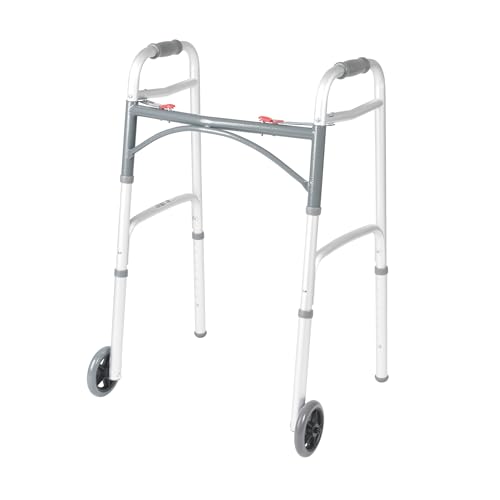 Drive Medical Two-Button Folding Walker with 5" Front Wheels — Lightweight Adjustable Aluminum Rolling Walker, Dual Push-Button Fold, Silver detail image 9